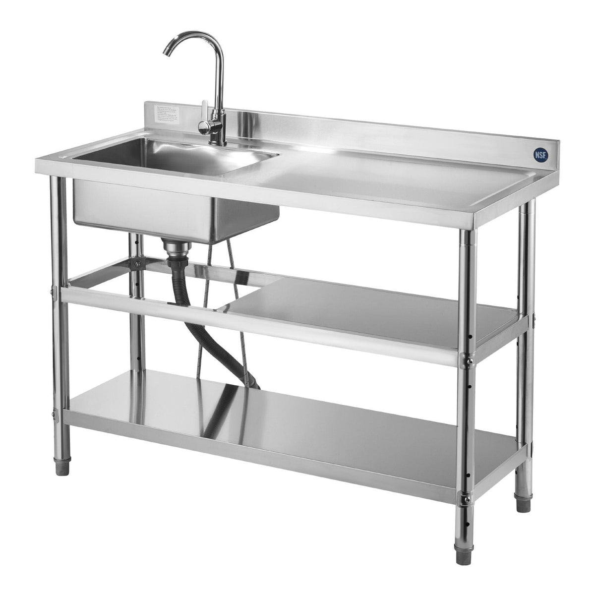 Stainless Steel Utility Sink, Free Standing Single Bowl Commercial Kitchen Sink with Faucet and Hot & Cold Water Pipe, Dual Storage Shelves for Garage, Restaurant, Laundry, 47.2 x 19.7 x 37 in