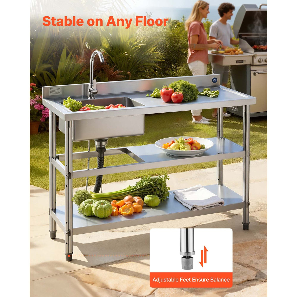 Stainless Steel Utility Sink, Free Standing Single Bowl Commercial Kitchen Sink with Faucet and Hot & Cold Water Pipe, Dual Storage Shelves for Garage, Restaurant, Laundry, 47.2 x 19.7 x 37 in