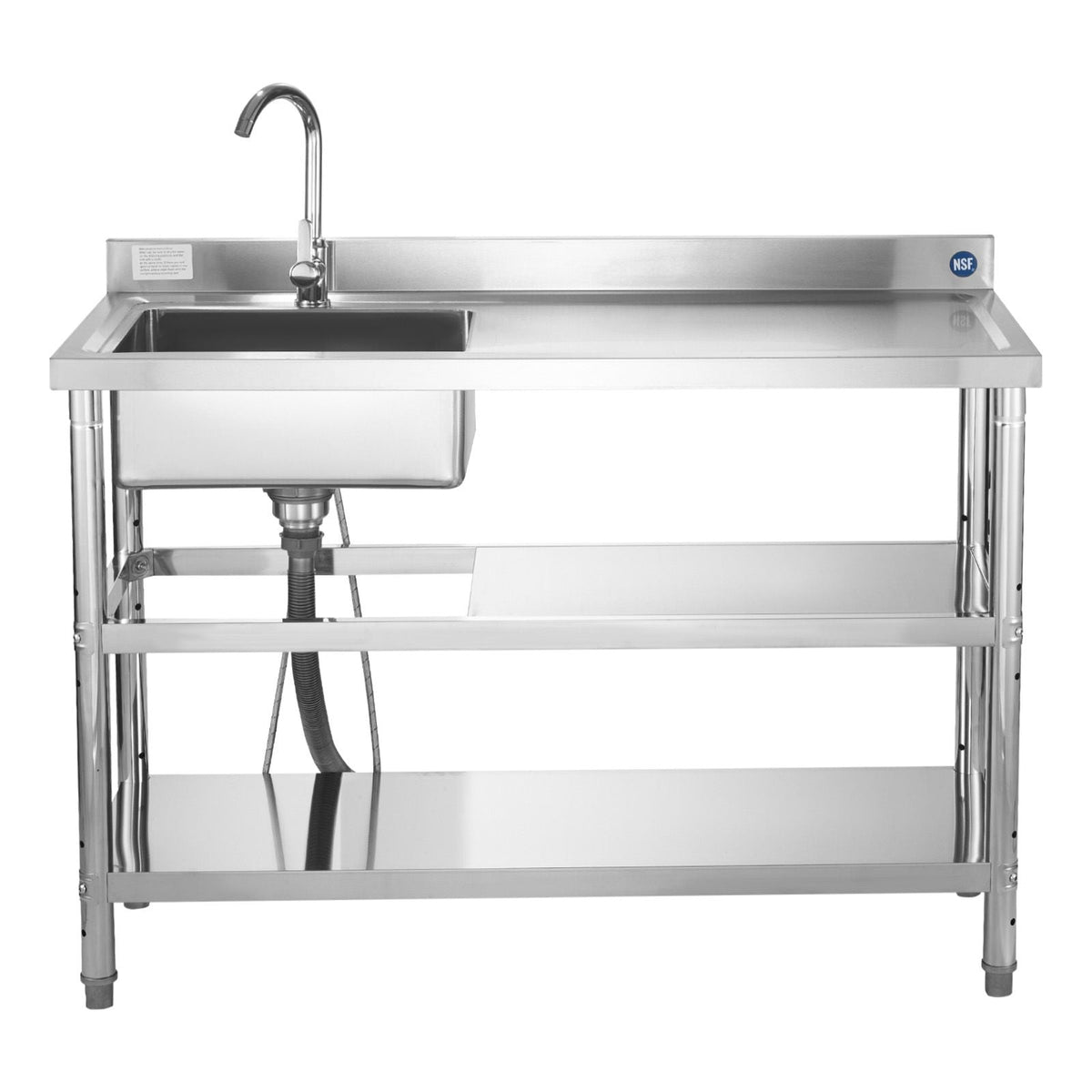 Stainless Steel Utility Sink, Free Standing Single Bowl Commercial Kitchen Sink with Faucet and Hot & Cold Water Pipe, Dual Storage Shelves for Garage, Restaurant, Laundry, 47.2 x 19.7 x 37 in