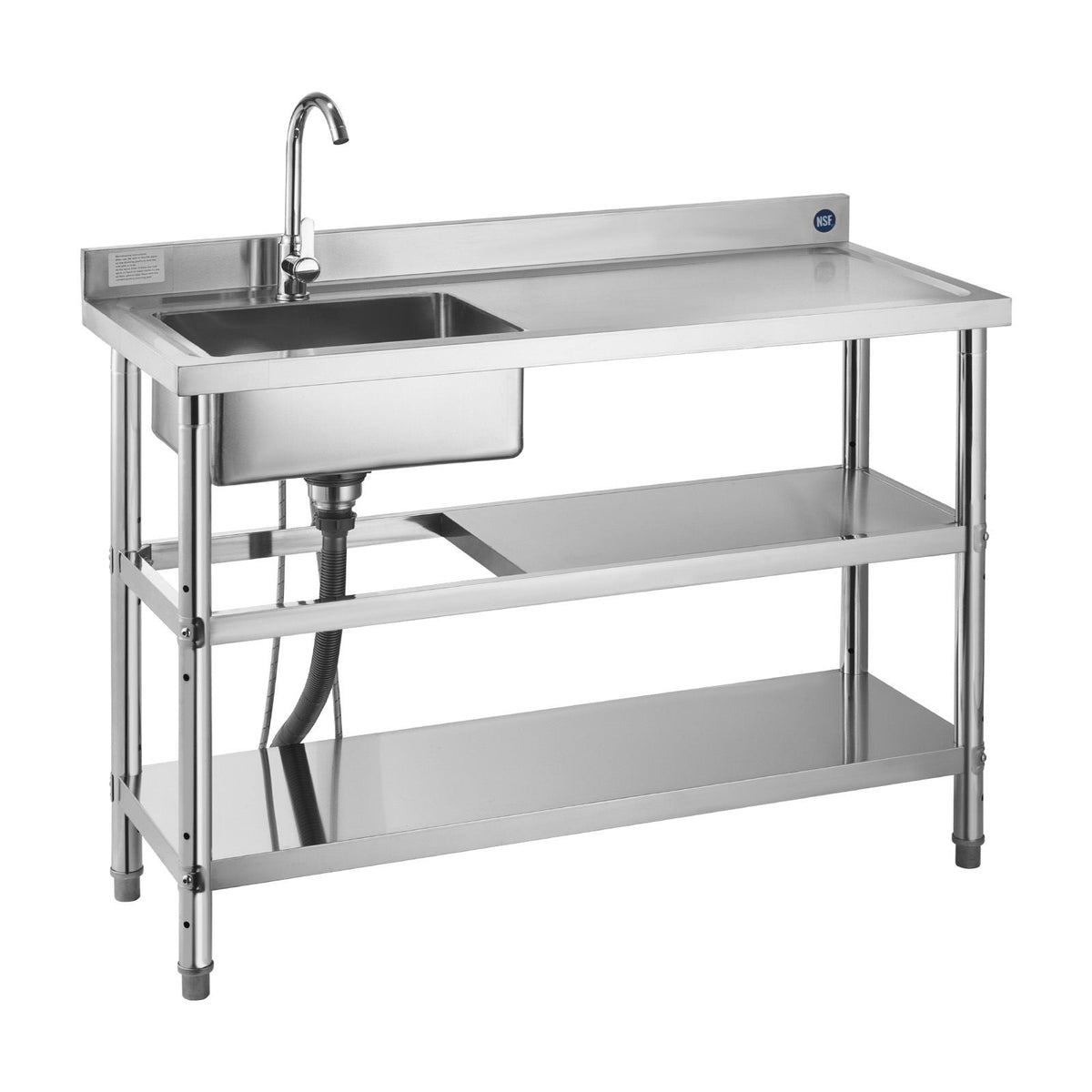 Stainless Steel Utility Sink, Free Standing Single Bowl Commercial Kitchen Sink with Faucet and Hot & Cold Water Pipe, Dual Storage Shelves for Garage, Restaurant, Laundry, 47.2 x 19.7 x 37 in