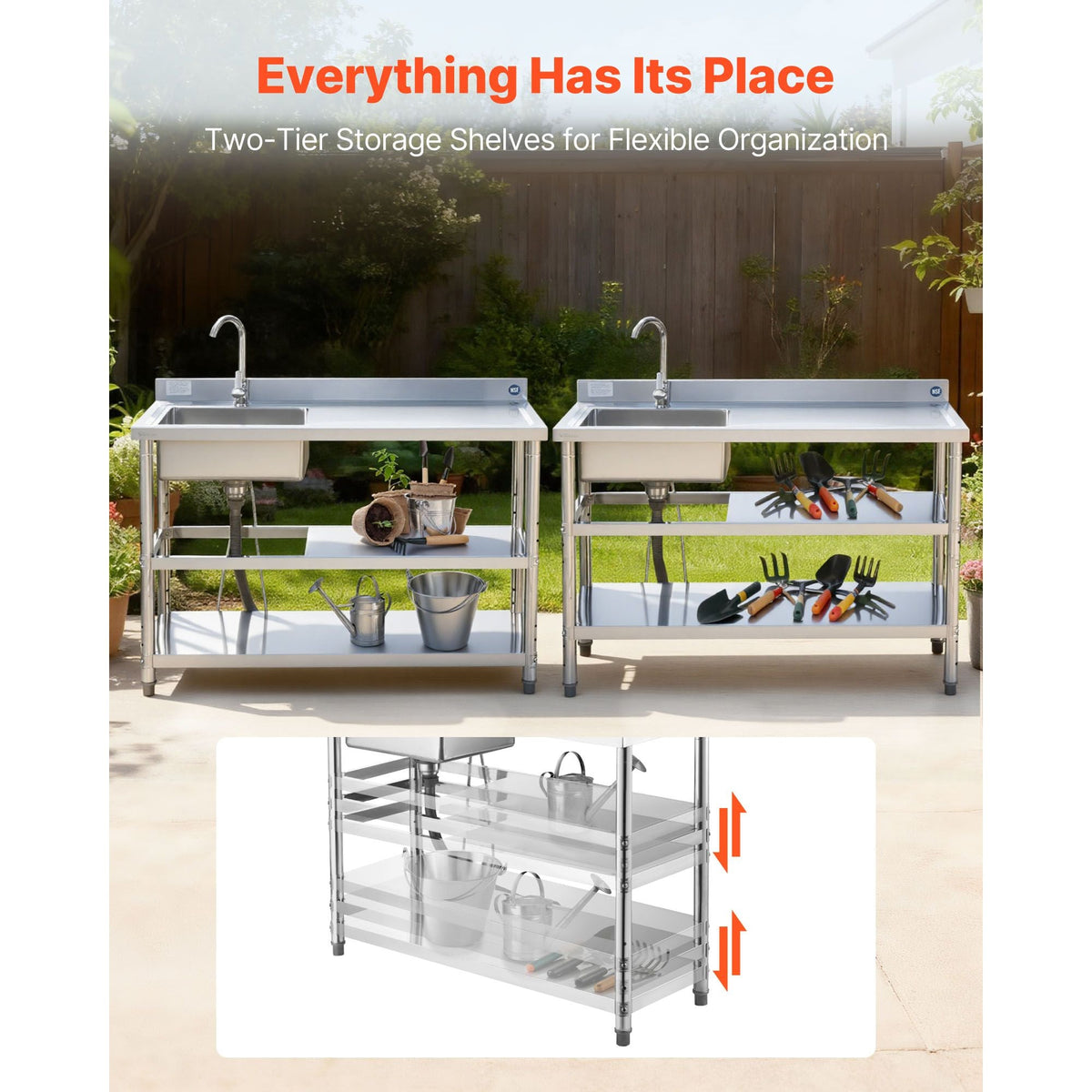 Stainless Steel Utility Sink, Free Standing Single Bowl Commercial Kitchen Sink with Faucet and Hot & Cold Water Pipe, Dual Storage Shelves for Garage, Restaurant, Laundry, 47.2 x 19.7 x 37 in
