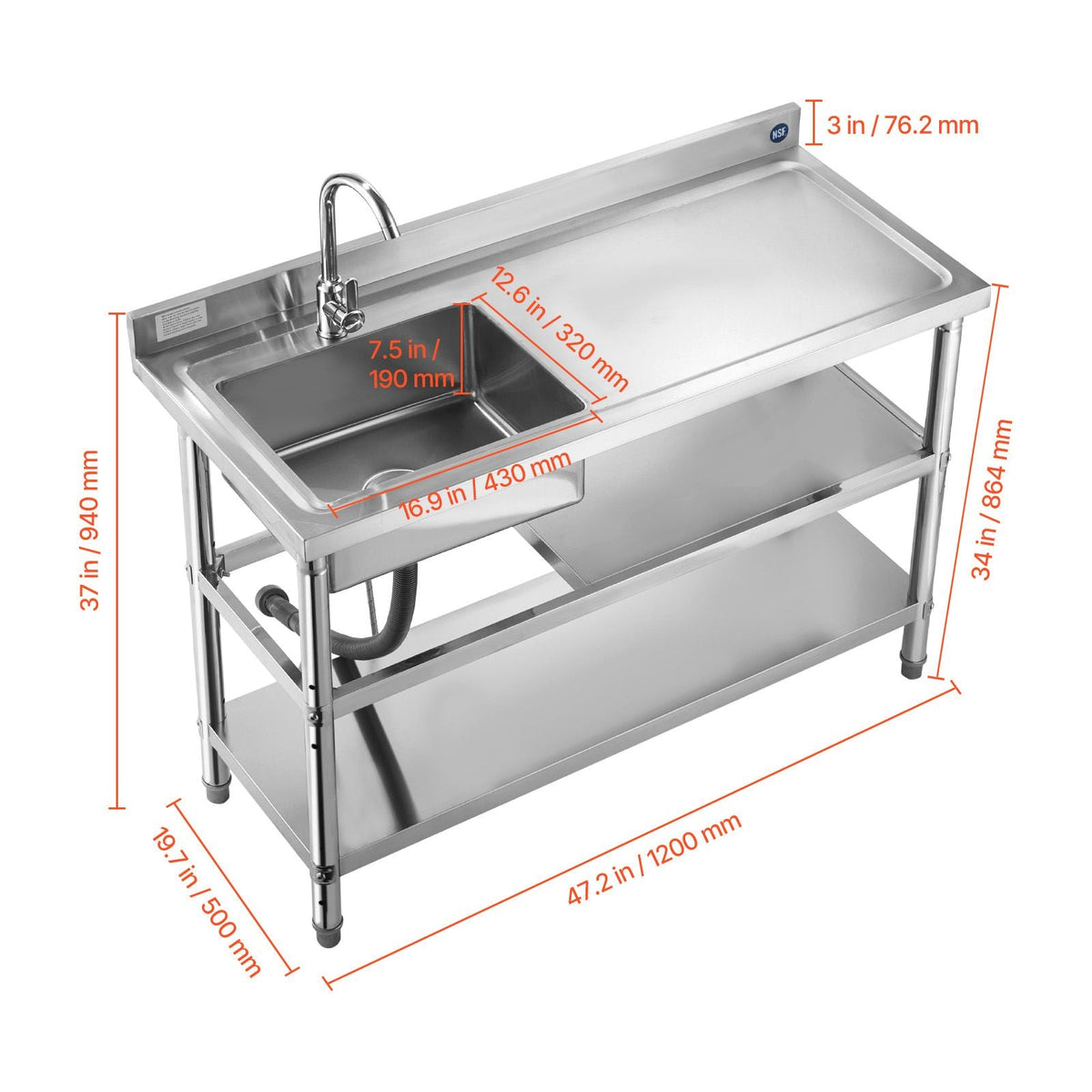 Stainless Steel Utility Sink, Free Standing Single Bowl Commercial Kitchen Sink with Faucet and Hot & Cold Water Pipe, Dual Storage Shelves for Garage, Restaurant, Laundry, 47.2 x 19.7 x 37 in