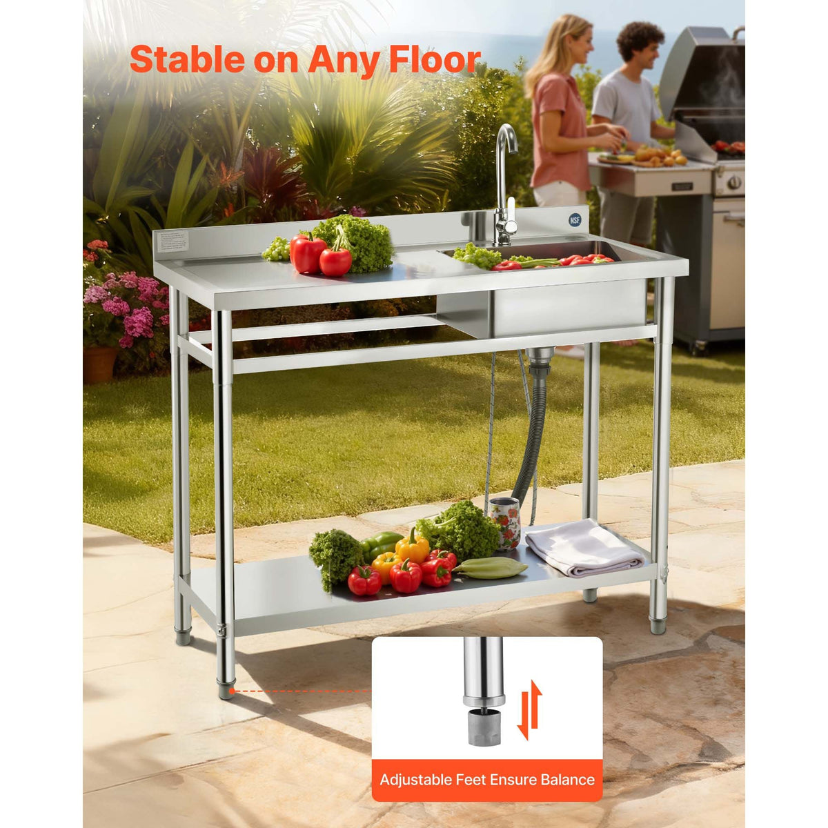 Stainless Steel Utility Sink, Free Standing Single Bowl Commercial Kitchen Sink with Faucet, Utility Left Basin Workbench with Hot & Cold Water Pipe for Garage Restaurant Laundry, 47x19.7x37 in