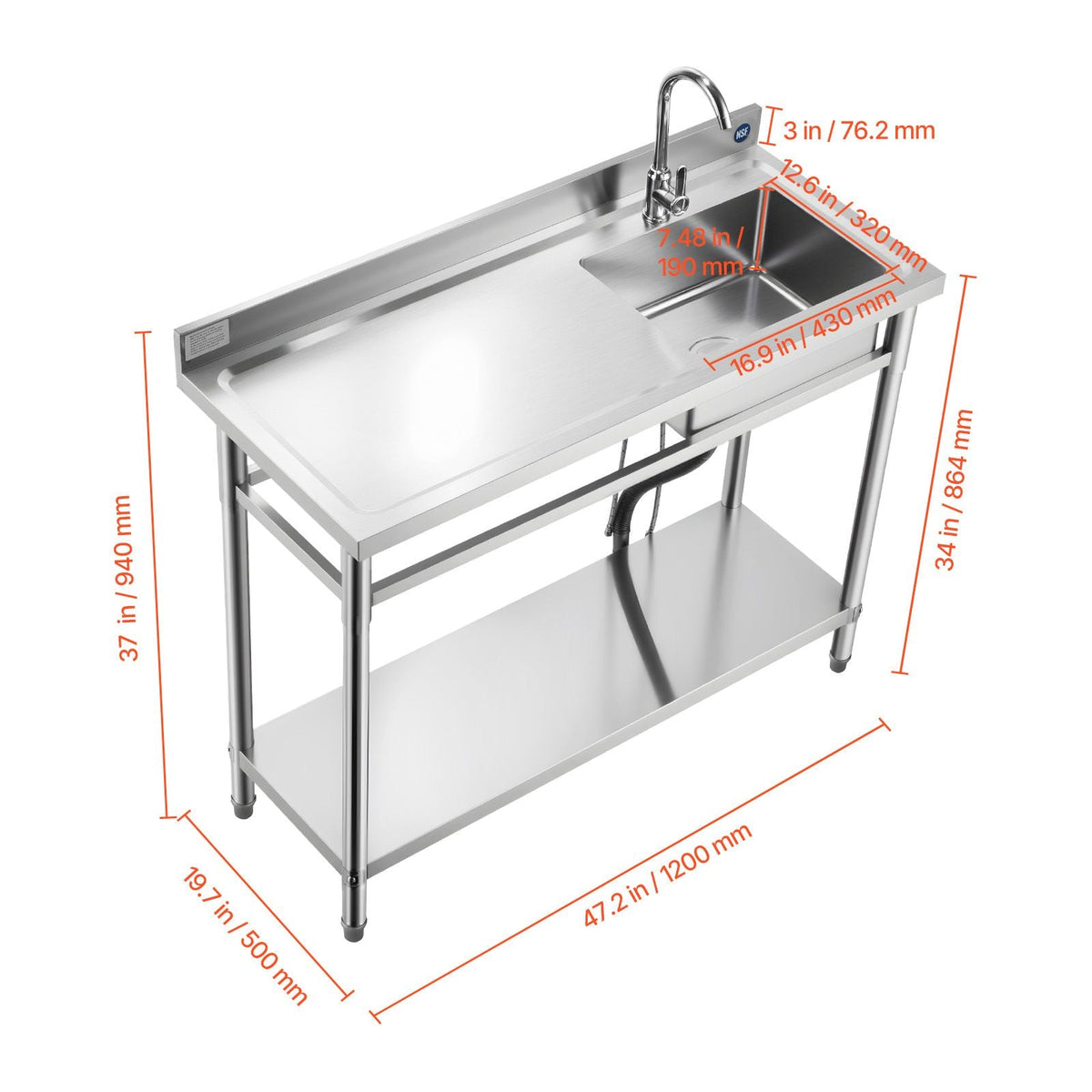 Stainless Steel Utility Sink, Free Standing Single Bowl Commercial Kitchen Sink with Faucet, Utility Left Basin Workbench with Hot & Cold Water Pipe for Garage Restaurant Laundry, 47x19.7x37 in