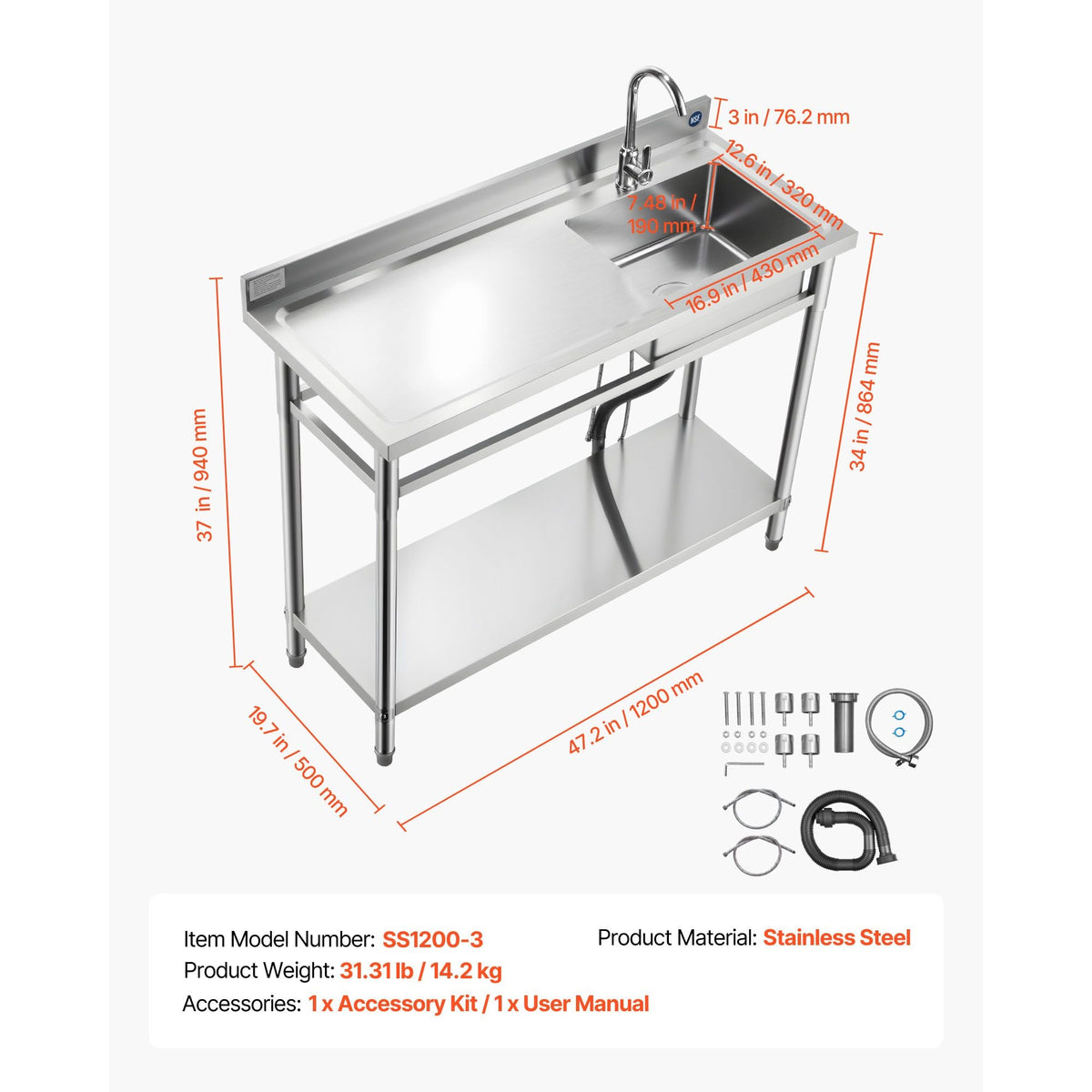 Stainless Steel Utility Sink, Free Standing Single Bowl Commercial Kitchen Sink with Faucet, Utility Left Basin Workbench with Hot & Cold Water Pipe for Garage Restaurant Laundry, 47x19.7x37 in
