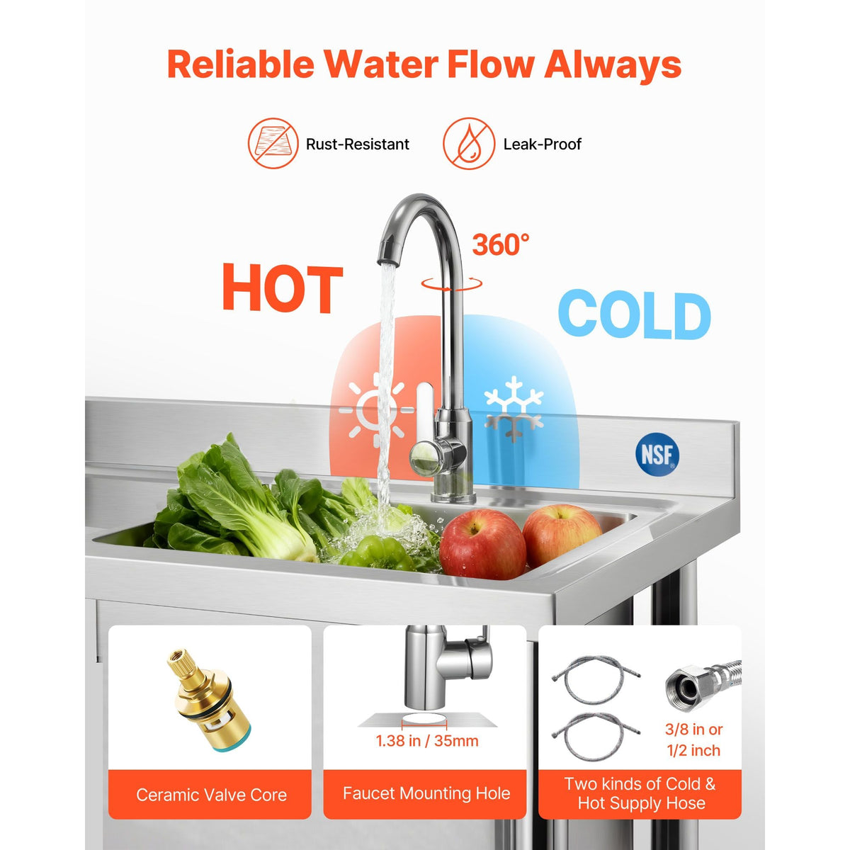 Stainless Steel Utility Sink, Free Standing Single Bowl Commercial Kitchen Sink with Faucet, Utility Left Basin Workbench with Hot & Cold Water Pipe for Garage Restaurant Laundry, 47x19.7x37 in