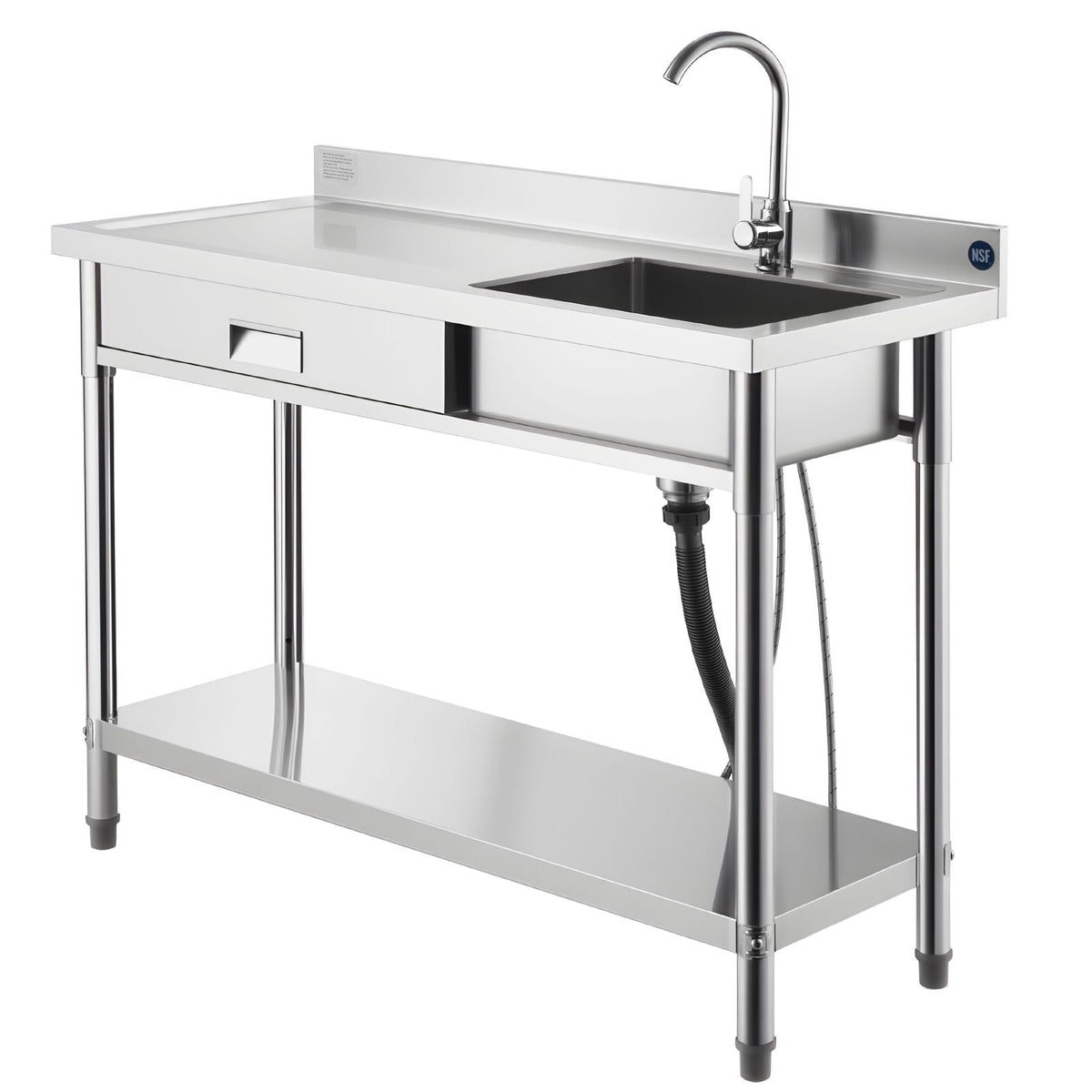 Stainless Steel Utility Sink, Rolling Single Bowl Commercial Kitchen Sink with Drawer, Faucet and Hot & Cold Water Pipe, Utility Basin for Garage, Restaurant, Laundry, 47.2 x 19.7 x 37 in