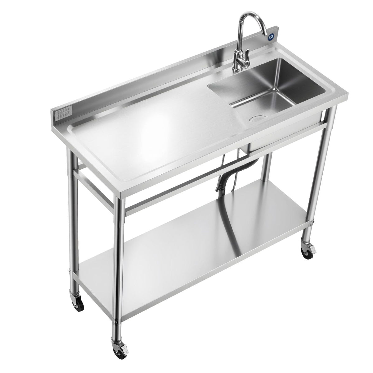 Stainless Steel Utility Sink, Rolling Single Bowl Commercial Kitchen Sink with Wheels, Faucet and Hot & Cold Water Pipe, Utility Basin Workbench for Restaurant Laundry 47.2 x 19.7 x 41.5 in