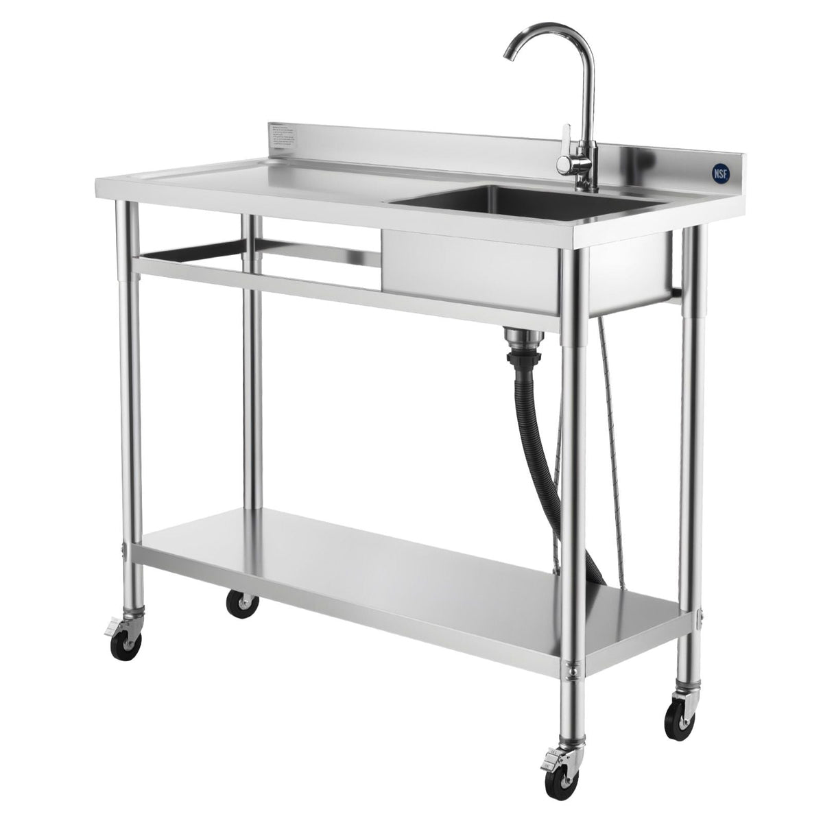 Stainless Steel Utility Sink, Rolling Single Bowl Commercial Kitchen Sink with Wheels, Faucet and Hot & Cold Water Pipe, Utility Basin Workbench for Restaurant Laundry 47.2 x 19.7 x 41.5 in