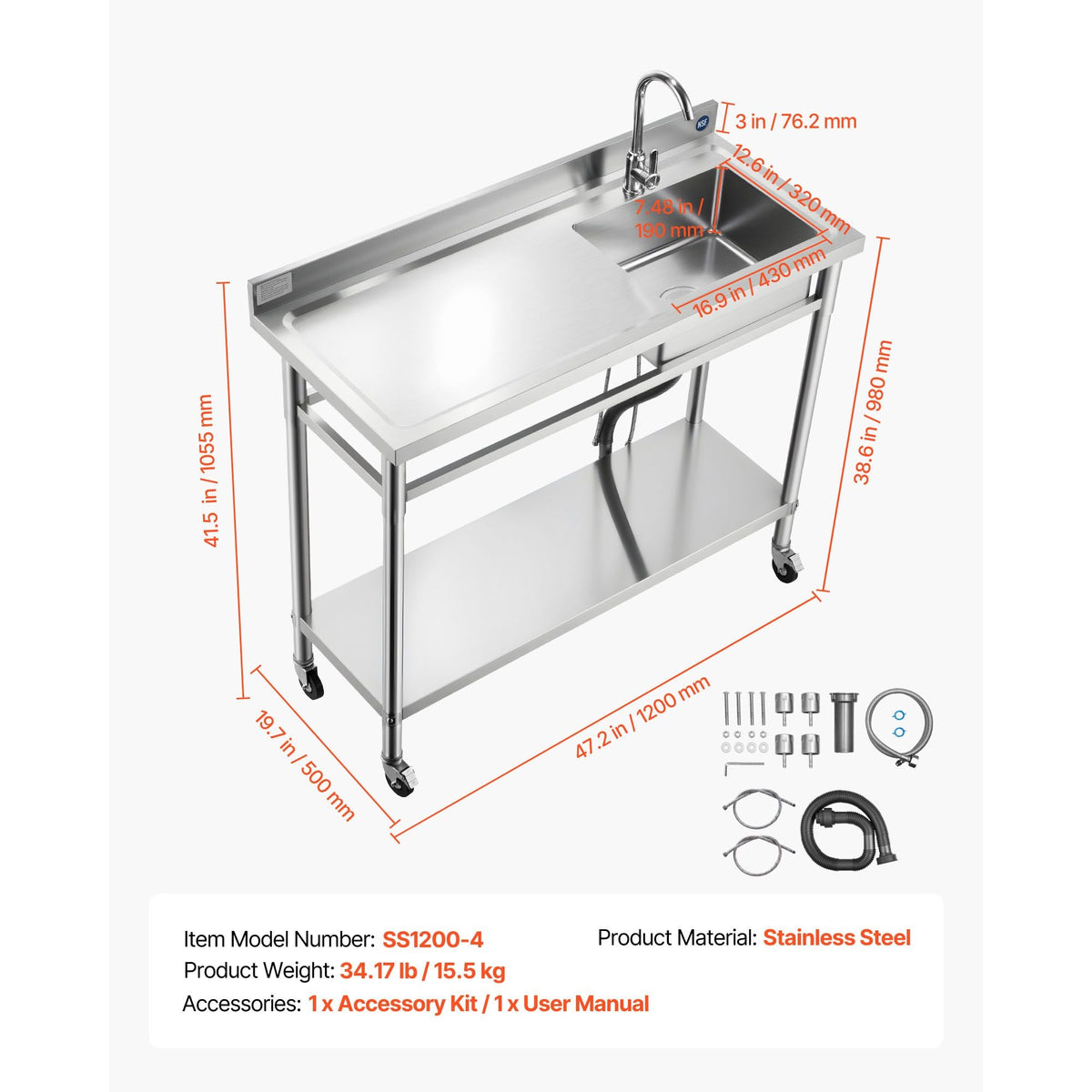Stainless Steel Utility Sink, Rolling Single Bowl Commercial Kitchen Sink with Wheels, Faucet and Hot & Cold Water Pipe, Utility Basin Workbench for Restaurant Laundry 47.2 x 19.7 x 41.5 in