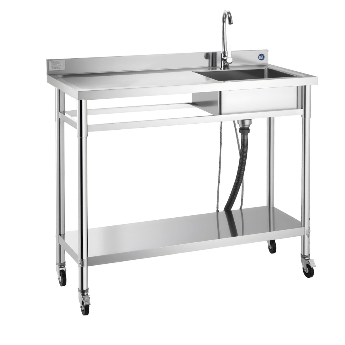 Stainless Steel Utility Sink, Rolling Single Bowl Commercial Kitchen Sink with Wheels, Faucet and Hot & Cold Water Pipe, Utility Basin Workbench for Restaurant Laundry 47.2 x 19.7 x 41.5 in