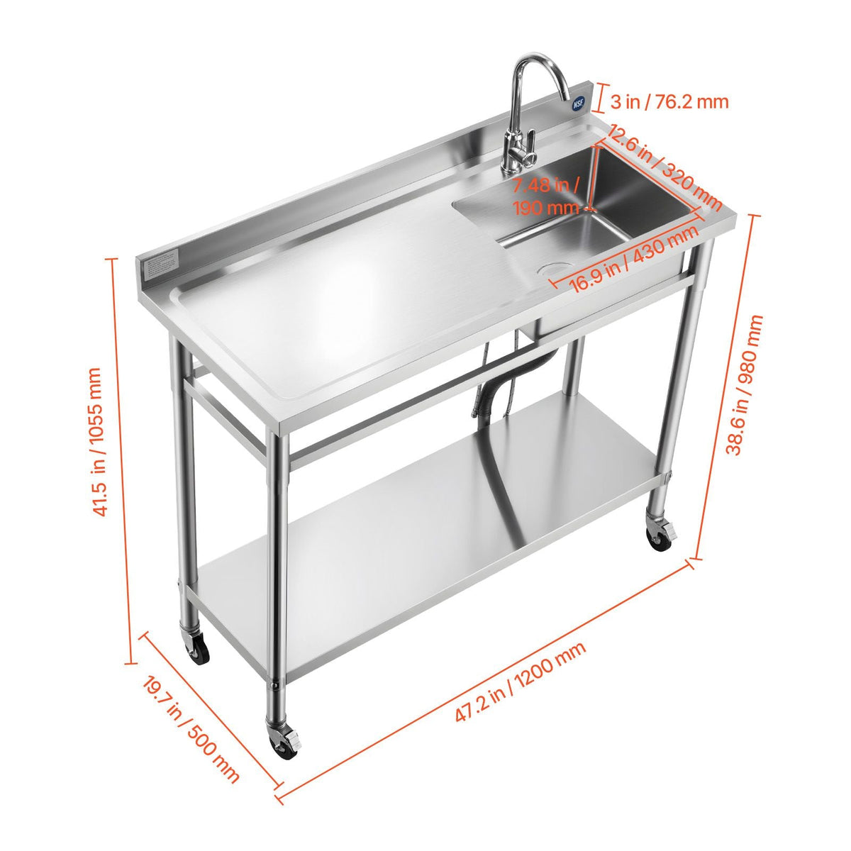 Stainless Steel Utility Sink, Rolling Single Bowl Commercial Kitchen Sink with Wheels, Faucet and Hot & Cold Water Pipe, Utility Basin Workbench for Restaurant Laundry 47.2 x 19.7 x 41.5 in