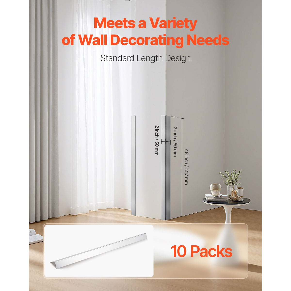Stainless Steel Wall Corner Protector, 2 x 2 x 48 inch, 10 Pack Metal Corner Guards, 304 Stainless Steel Edge Trim 90-Degree Angle for Home,Office,Commercial Wall Protection, with 3m Tape
