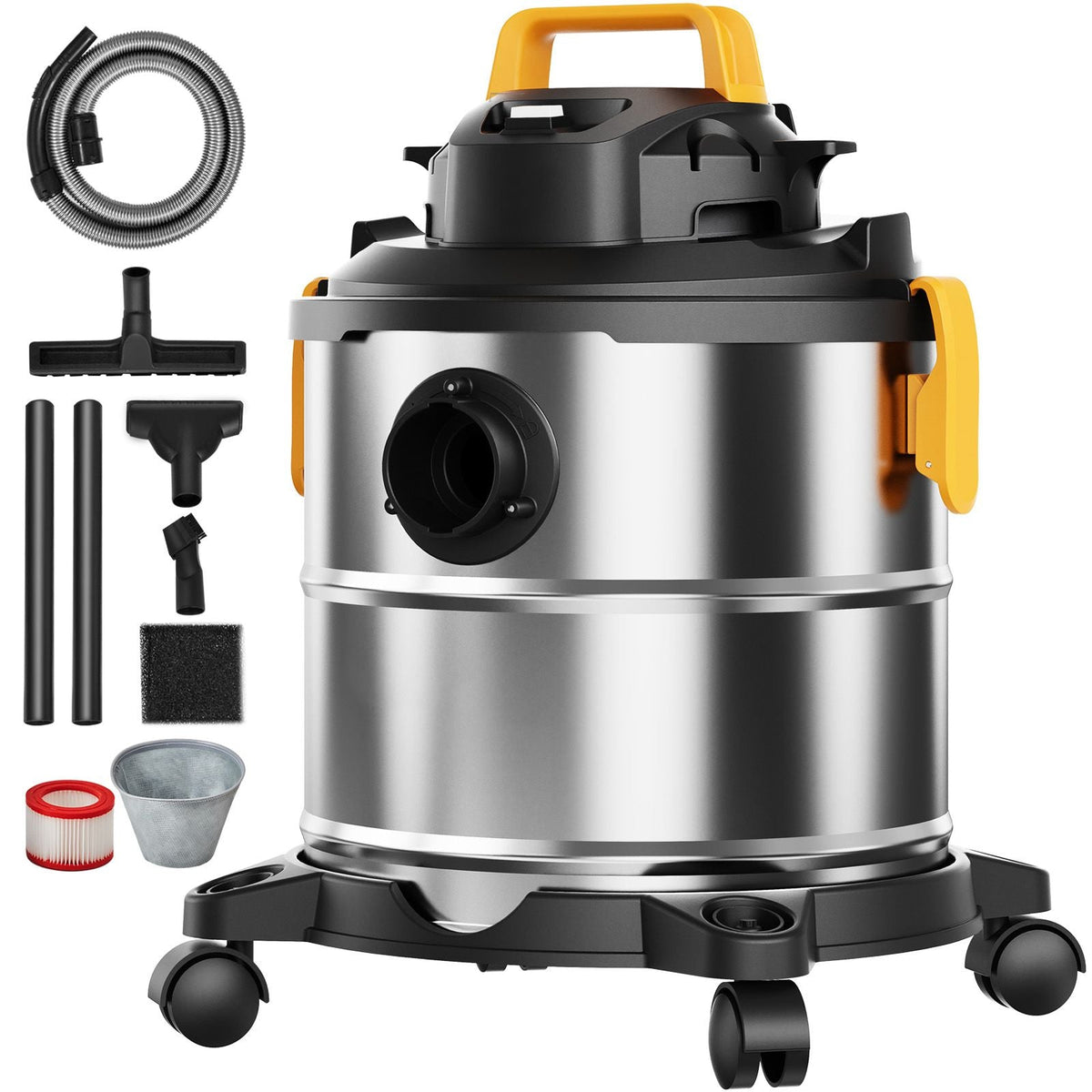 Stainless Steel Wet Dry Shop Vacuum, 5.5 Gallon 6 Peak HP Wet/Dry Vac, Powerful Suction with Blower Function w/ Attachment 2-in-1 Crevice Nozzle, Small Vac Perfect for Carpet Debris, Pet Hair