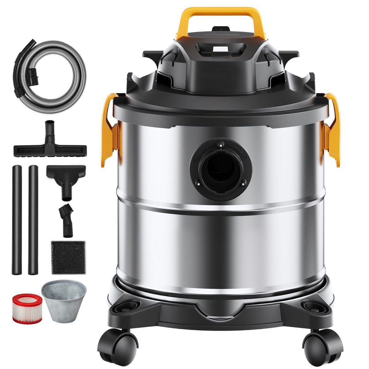 Stainless Steel Wet Dry Shop Vacuum, 5.5 Gallon 6 Peak HP Wet/Dry Vac, Powerful Suction with Blower Function w/ Attachment 2-in-1 Crevice Nozzle, Small Vac Perfect for Carpet Debris, Pet Hair