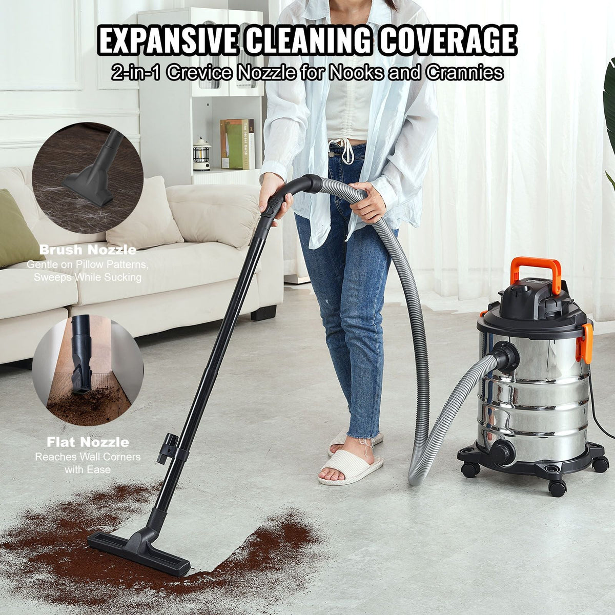 Stainless Steel Wet Dry Shop Vacuum, 8 Gallon 6 Peak HP Wet/Dry Vac, Powerful Suction with Blower Function w/ Attachment 2-in-1 Crevice Nozzle, Small Shop Vac Perfect for Carpet Debris, Pet Hair