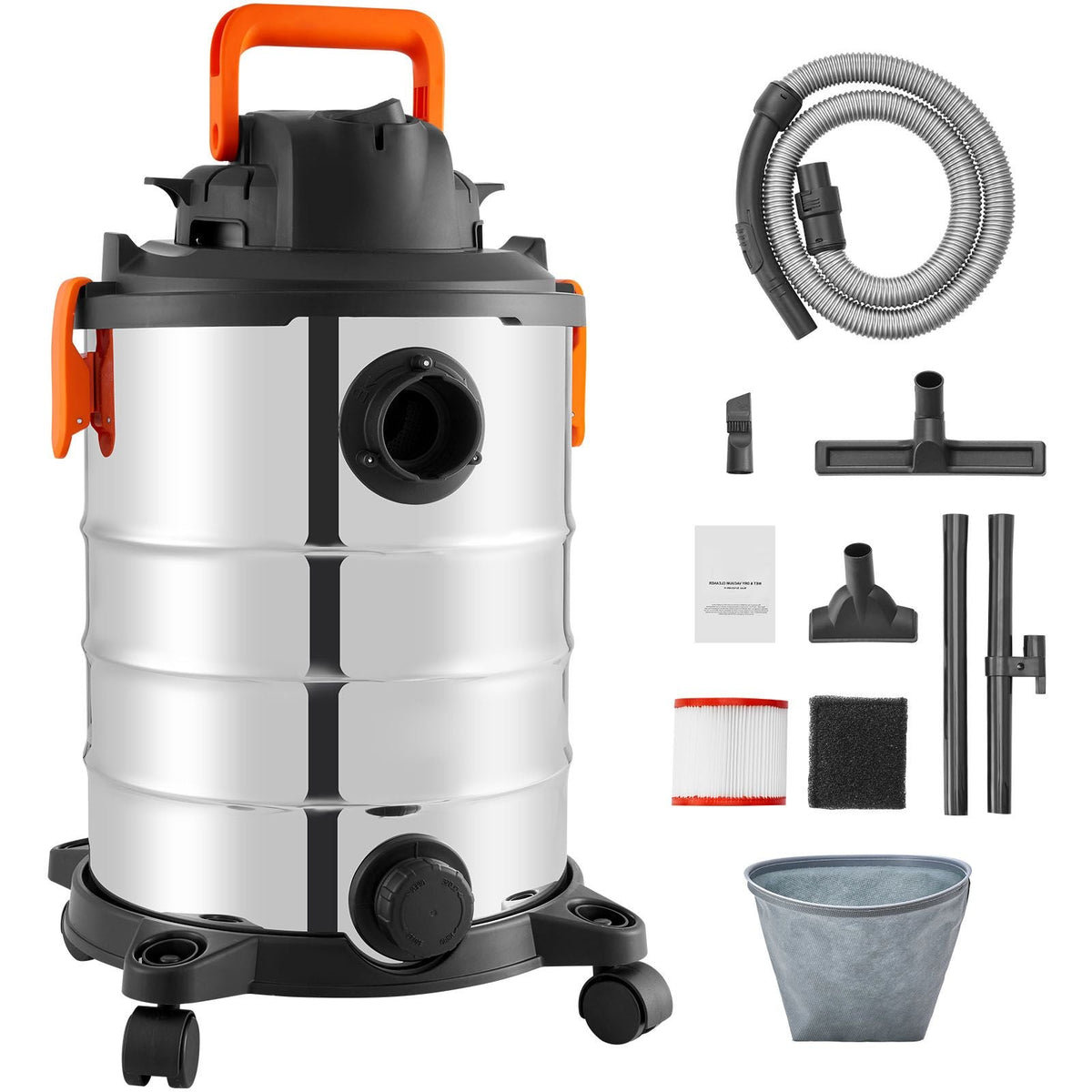 Stainless Steel Wet Dry Shop Vacuum, 8 Gallon 6 Peak HP Wet/Dry Vac, Powerful Suction with Blower Function w/ Attachment 2-in-1 Crevice Nozzle, Small Shop Vac Perfect for Carpet Debris, Pet Hair
