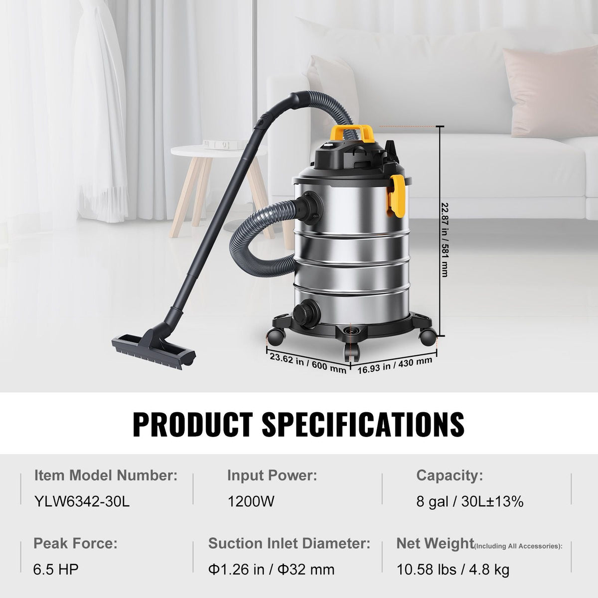 Stainless Steel Wet Dry Shop Vacuum, 8 Gallon 6 Peak HP Wet/Dry Vac, Powerful Suction with Blower Function w/ Attachment 2-in-1 Crevice Nozzle, Small Shop Vac Perfect for Carpet Debris, Pet Hair