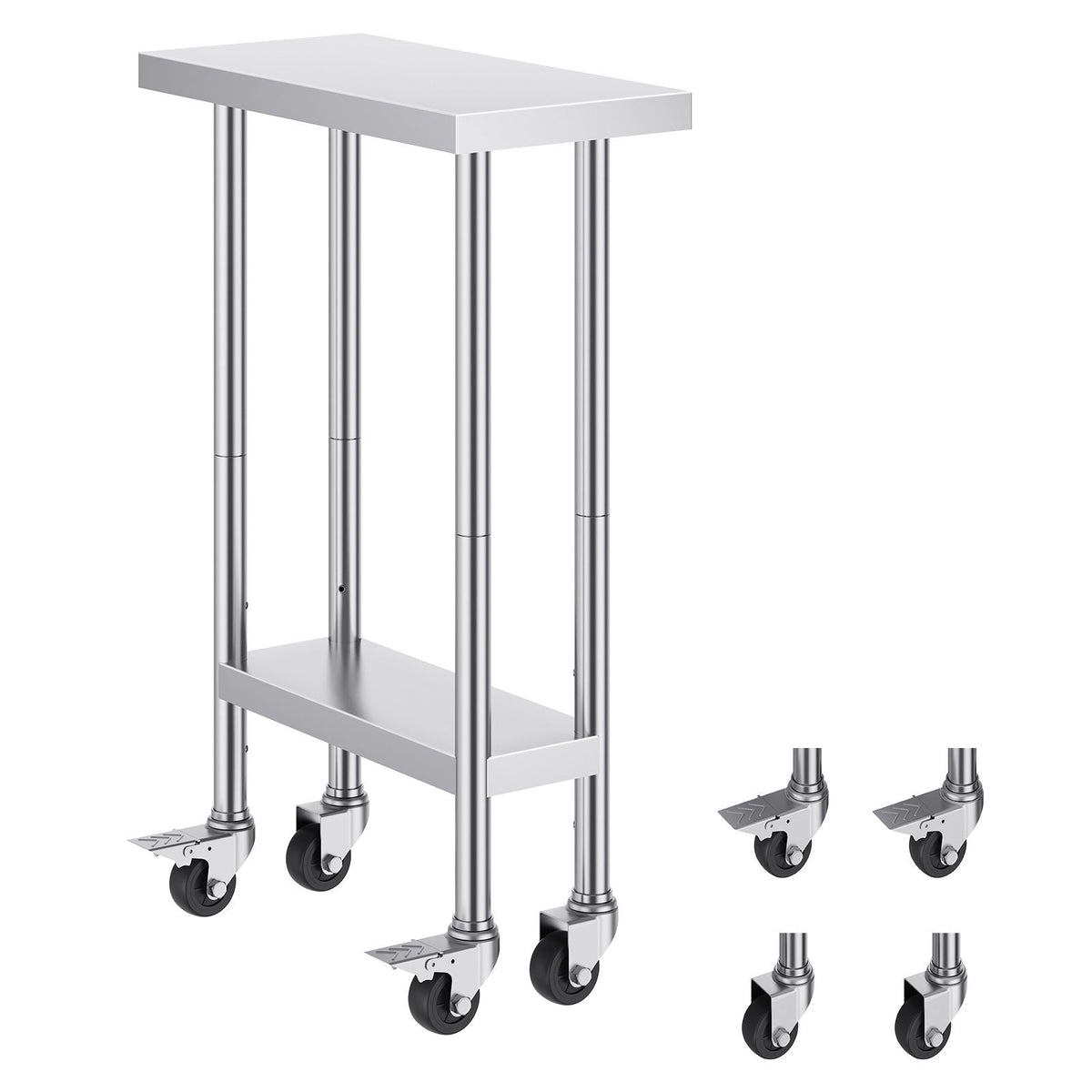 Stainless Steel Work Table 24 x 12 x 38 Inch, 500 LBS Load Capacity with 4 Wheels, 3 Adjustable Height Levels, Heavy Duty Food Prep Worktable for Commercial Kitchen Restaurant, Silver