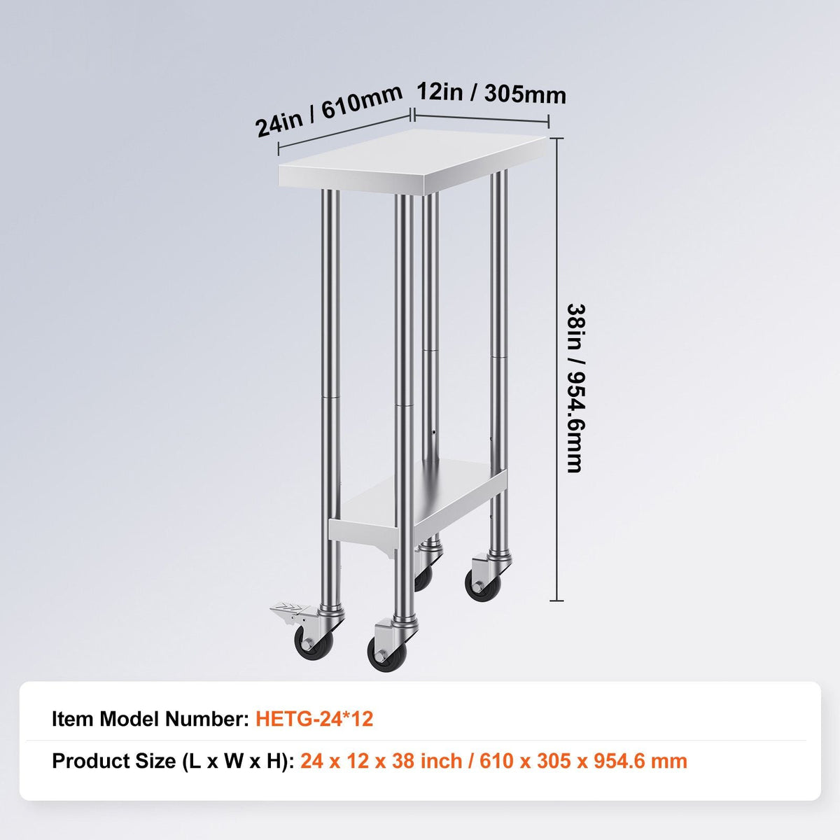 Stainless Steel Work Table 24 x 12 x 38 Inch, 500 LBS Load Capacity with 4 Wheels, 3 Adjustable Height Levels, Heavy Duty Food Prep Worktable for Commercial Kitchen Restaurant, Silver