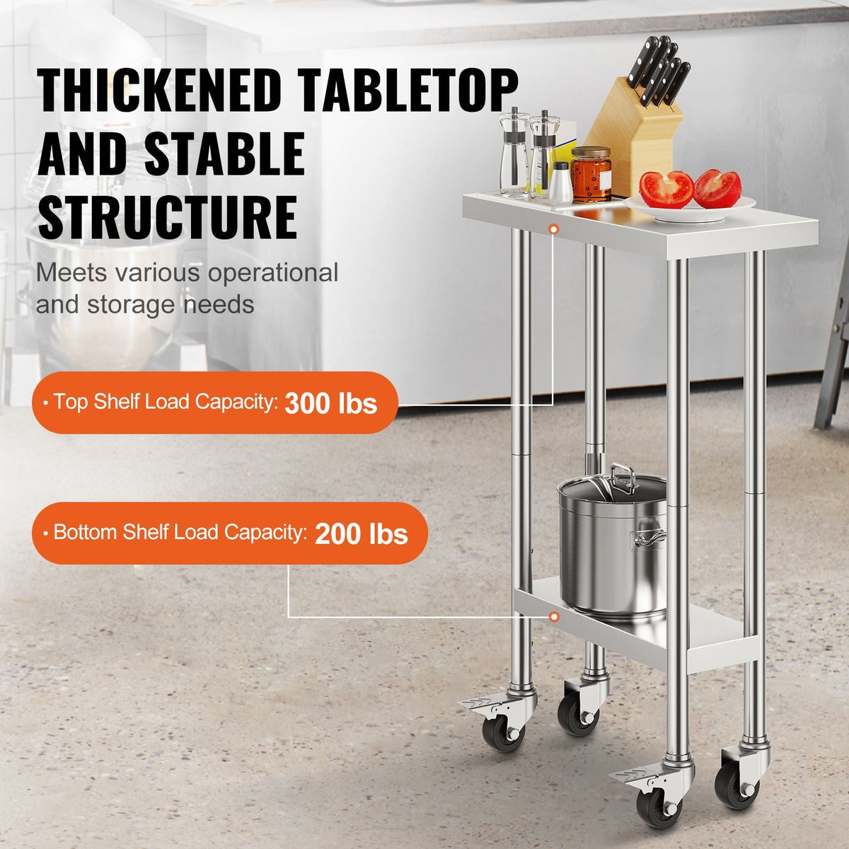 Stainless Steel Work Table 24 x 12 x 38 Inch, 500 LBS Load Capacity with 4 Wheels, 3 Adjustable Height Levels, Heavy Duty Food Prep Worktable for Commercial Kitchen Restaurant, Silver