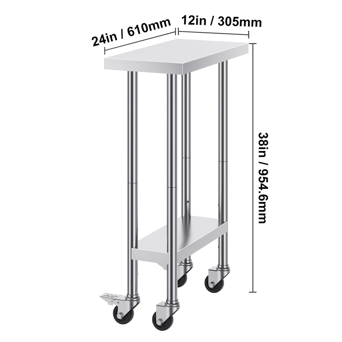Stainless Steel Work Table 24 x 12 x 38 Inch, 500 LBS Load Capacity with 4 Wheels, 3 Adjustable Height Levels, Heavy Duty Food Prep Worktable for Commercial Kitchen Restaurant, Silver