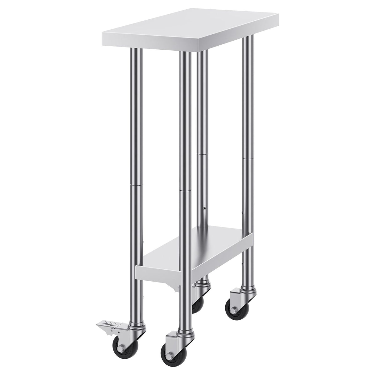 Stainless Steel Work Table 24 x 12 x 38 Inch, 500 LBS Load Capacity with 4 Wheels, 3 Adjustable Height Levels, Heavy Duty Food Prep Worktable for Commercial Kitchen Restaurant, Silver