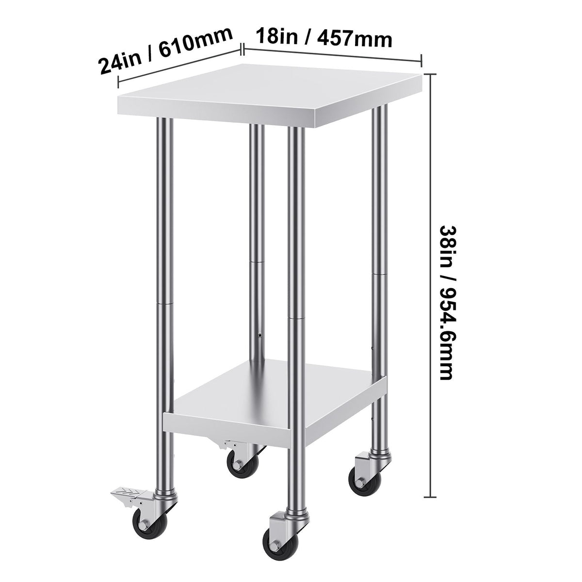 Stainless Steel Work Table 24 x 18 x 38 Inch, with 4 Wheels, 3 Adjustable Height Levels, Heavy Duty Food Prep Worktable for Commercial Kitchen Restaurant, Silver