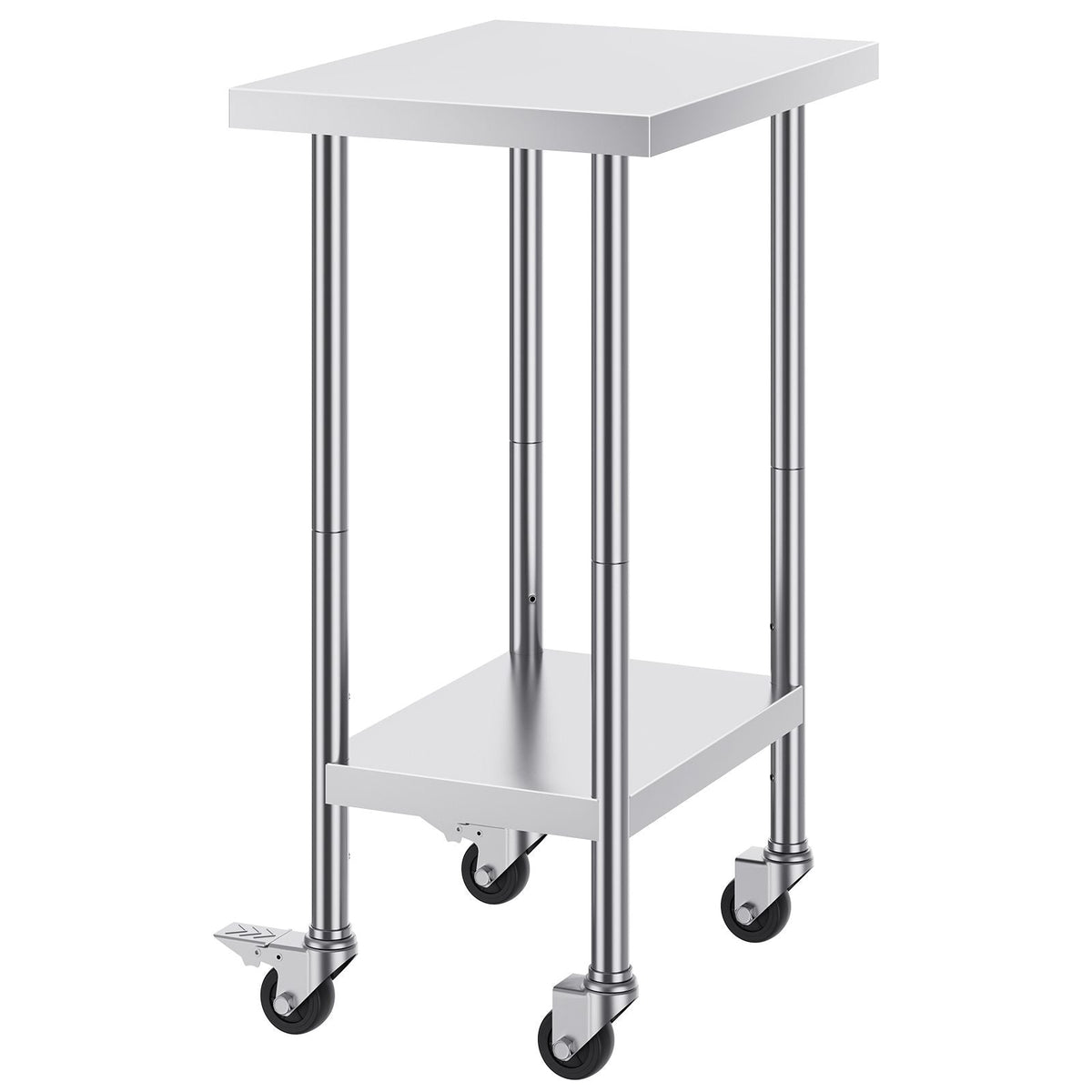 Stainless Steel Work Table 24 x 18 x 38 Inch, with 4 Wheels, 3 Adjustable Height Levels, Heavy Duty Food Prep Worktable for Commercial Kitchen Restaurant, Silver
