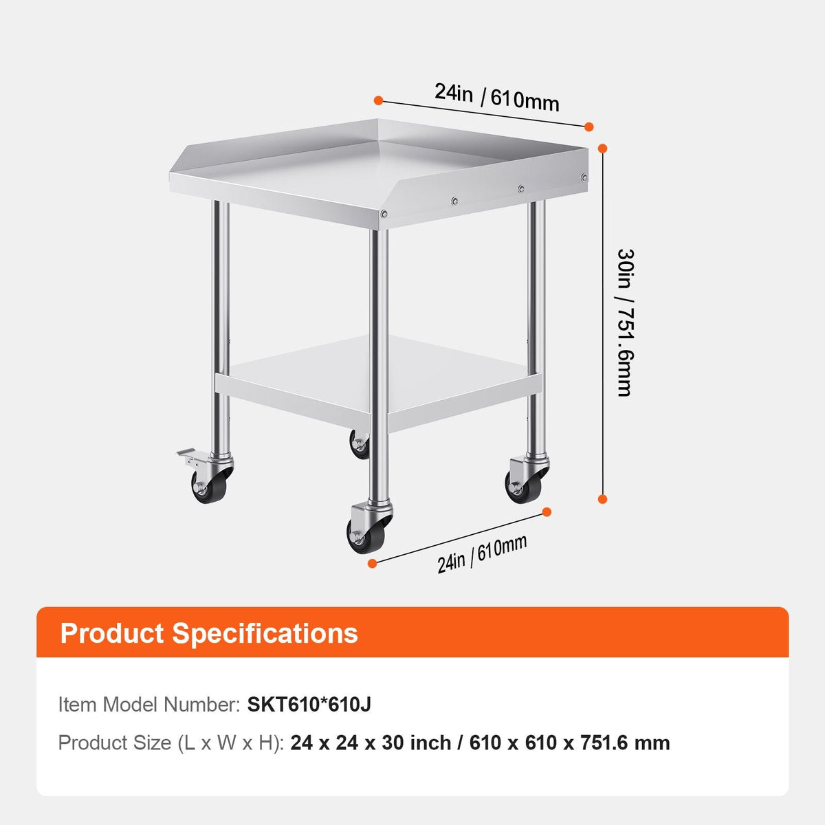 Stainless Steel Work Table, 24 x 24 x 30 Inch Commercial Food Prep Worktable with 4 Wheels, Casters, 3-Sided Backsplash Heavy Duty Prep Worktable, Metal Work Table for Restaurant Home Hotel