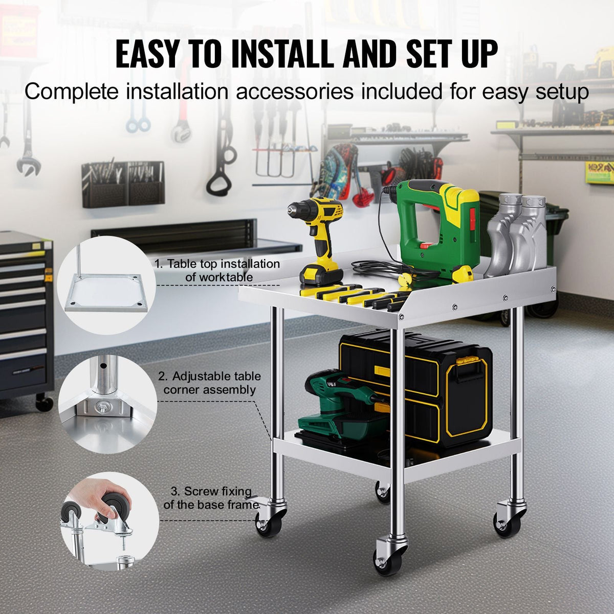 Stainless Steel Work Table, 24 x 24 x 30 Inch Commercial Food Prep Worktable with 4 Wheels, Casters, 3-Sided Backsplash Heavy Duty Prep Worktable, Metal Work Table for Restaurant Home Hotel