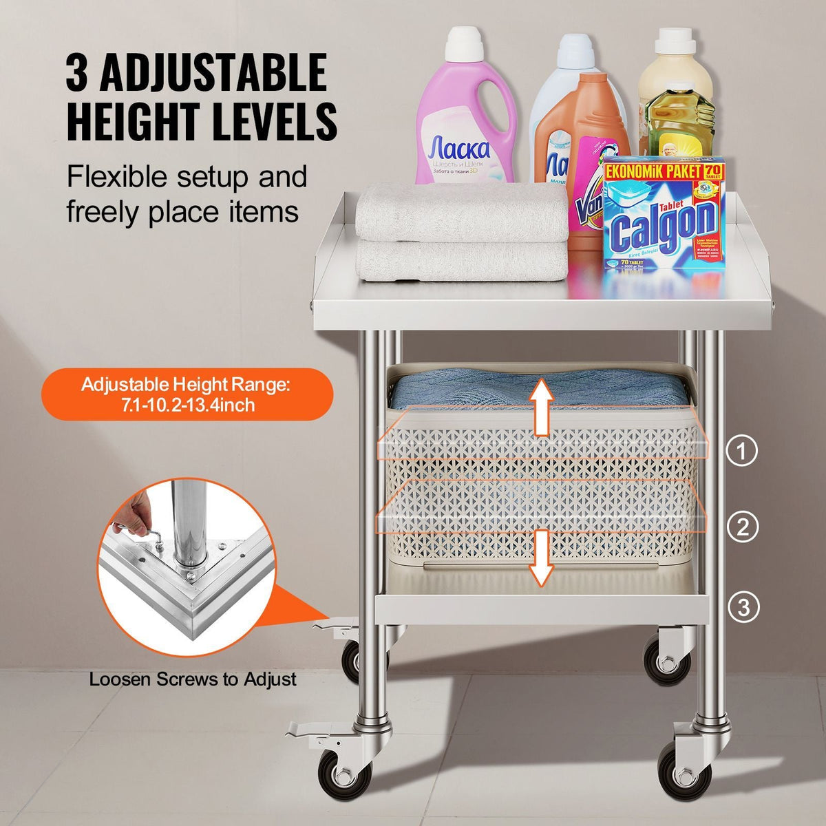 Stainless Steel Work Table, 24 x 24 x 30 Inch Commercial Food Prep Worktable with 4 Wheels, Casters, 3-Sided Backsplash Heavy Duty Prep Worktable, Metal Work Table for Restaurant Home Hotel
