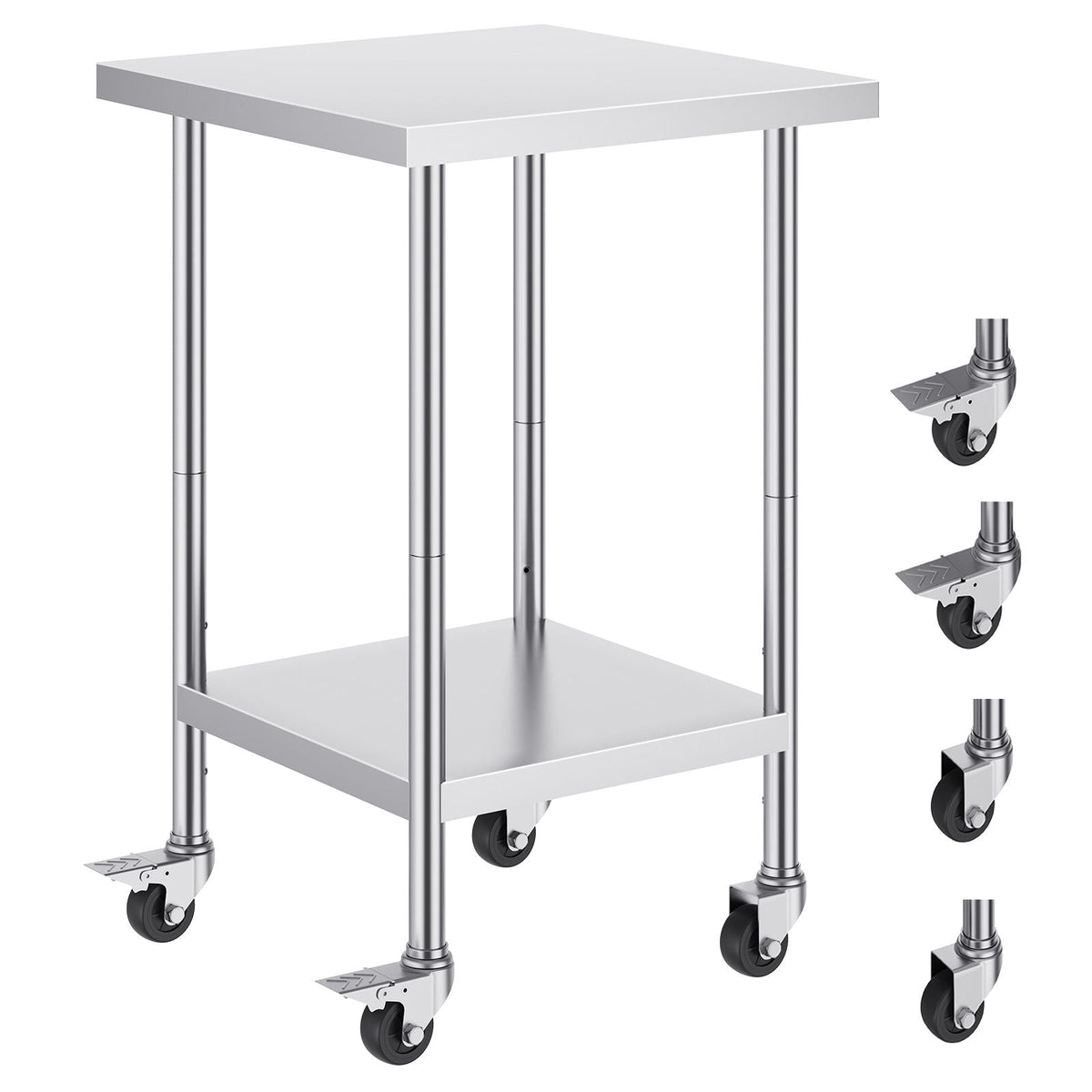 Stainless Steel Work Table 24 x 24 x 38 Inch, 700 LBS Load Capacity with 4 Wheels, 3 Adjustable Height Levels, Heavy Duty Food Prep Worktable for Commercial Kitchen Restaurant, Silver