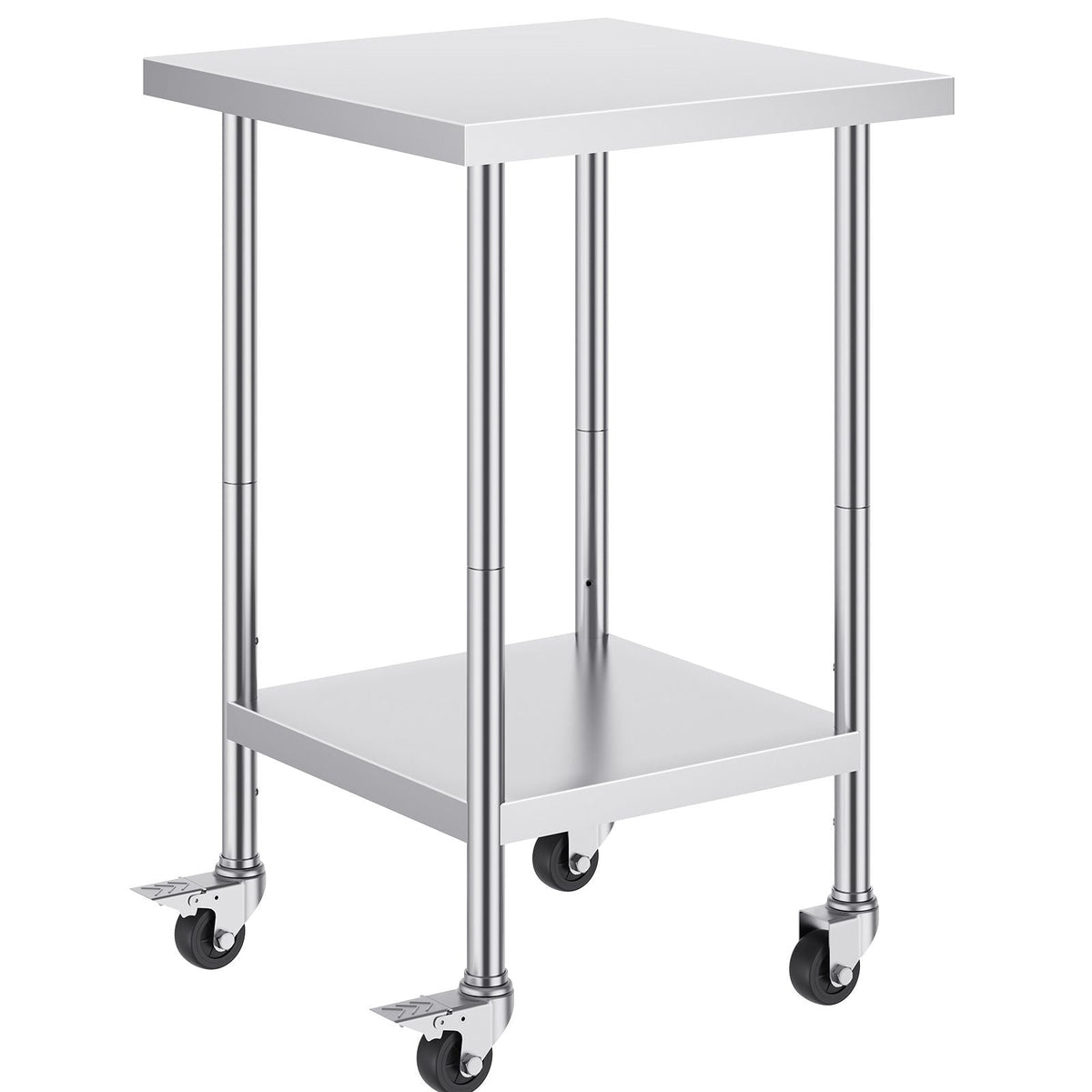 Stainless Steel Work Table 24 x 24 x 38 Inch, 700 LBS Load Capacity with 4 Wheels, 3 Adjustable Height Levels, Heavy Duty Food Prep Worktable for Commercial Kitchen Restaurant, Silver