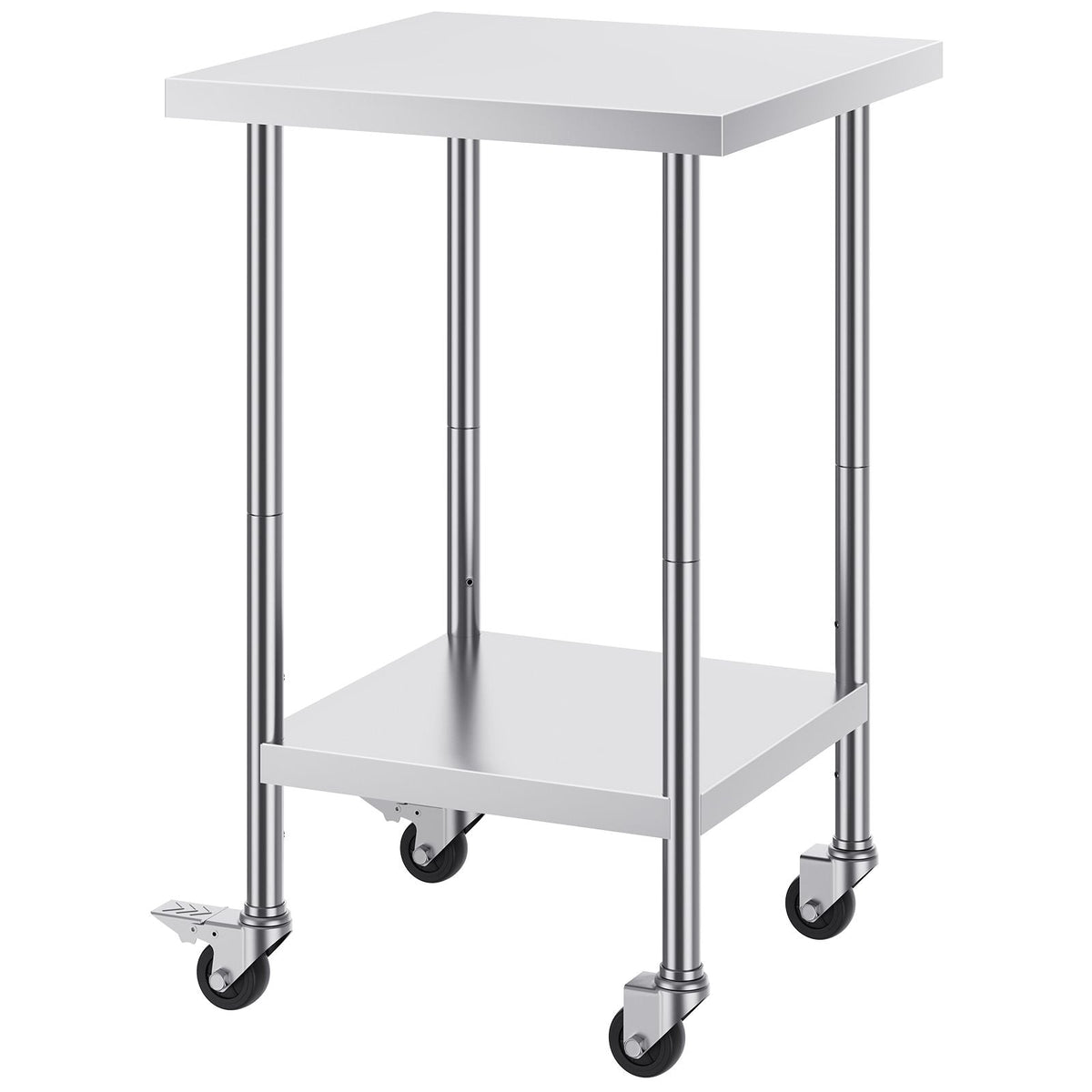 Stainless Steel Work Table 24 x 24 x 38 Inch, 700 LBS Load Capacity with 4 Wheels, 3 Adjustable Height Levels, Heavy Duty Food Prep Worktable for Commercial Kitchen Restaurant, Silver