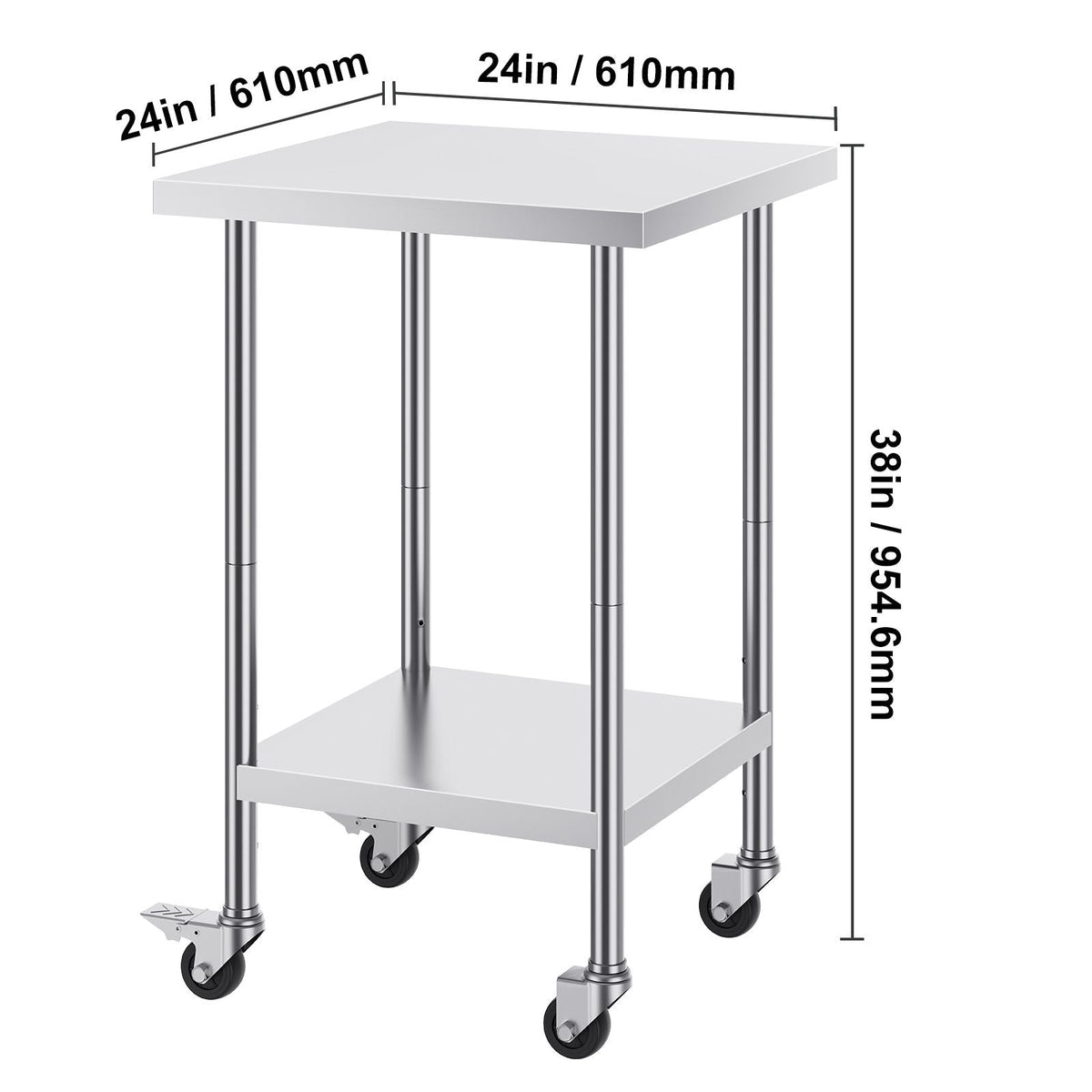 Stainless Steel Work Table 24 x 24 x 38 Inch, 700 LBS Load Capacity with 4 Wheels, 3 Adjustable Height Levels, Heavy Duty Food Prep Worktable for Commercial Kitchen Restaurant, Silver