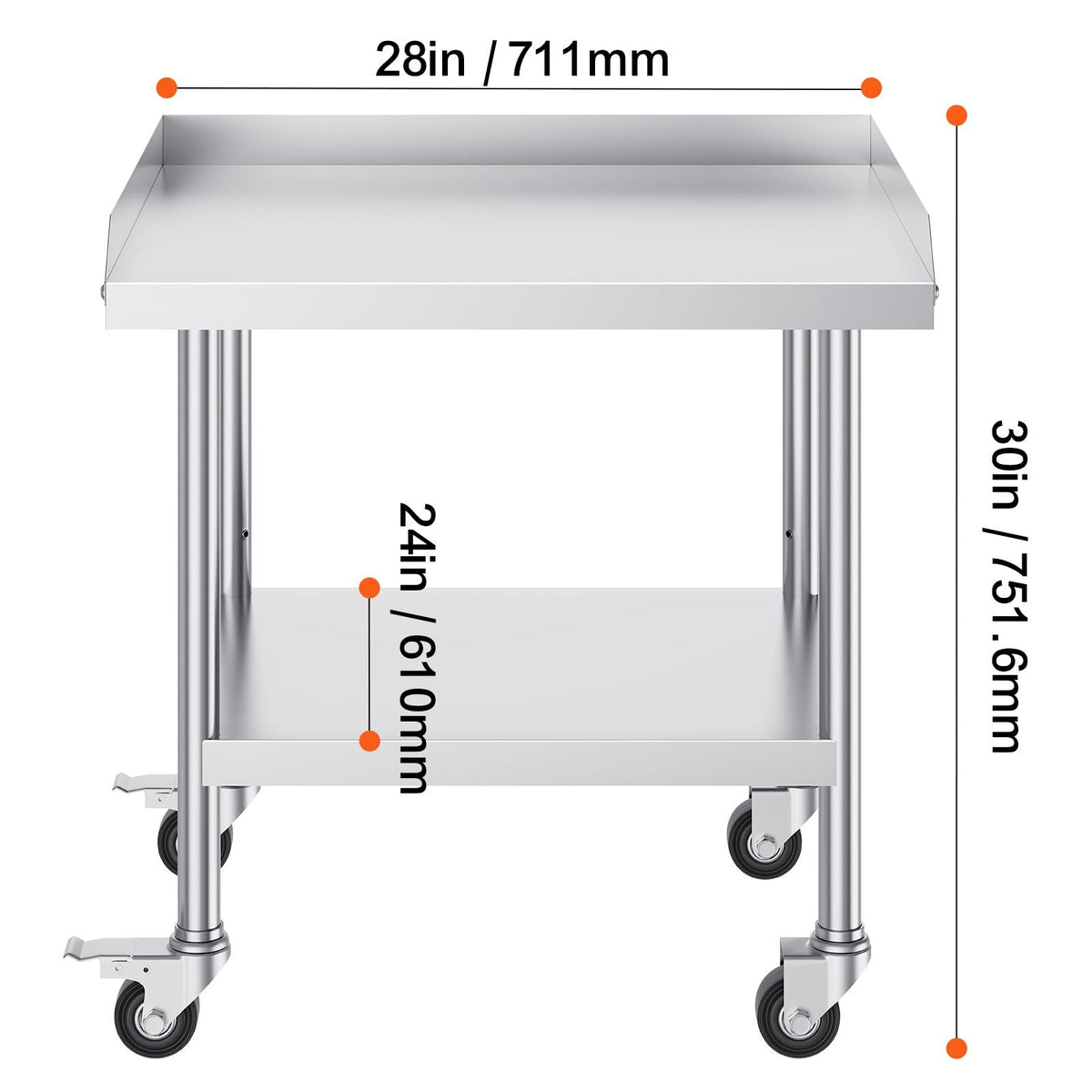 Stainless Steel Work Table, 24 x 28 x 30 Inch Commercial Food Prep Worktable with 4 Wheels, Casters, 3-Sided Backsplash Heavy Duty Prep Worktable, Metal Work Table for Restaurant Home Hotel