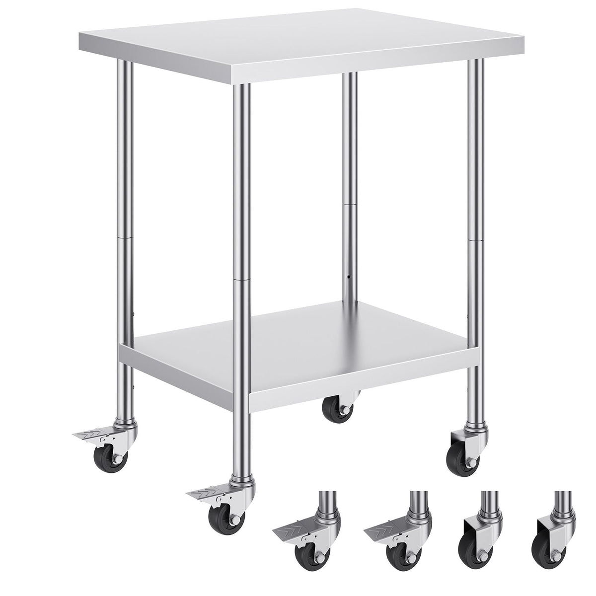 Stainless Steel Work Table 24 x 30 x 38 Inch, with 4 Wheels, 3 Adjustable Height Levels, Heavy Duty Food Prep Worktable for Commercial Kitchen Restaurant, Silver