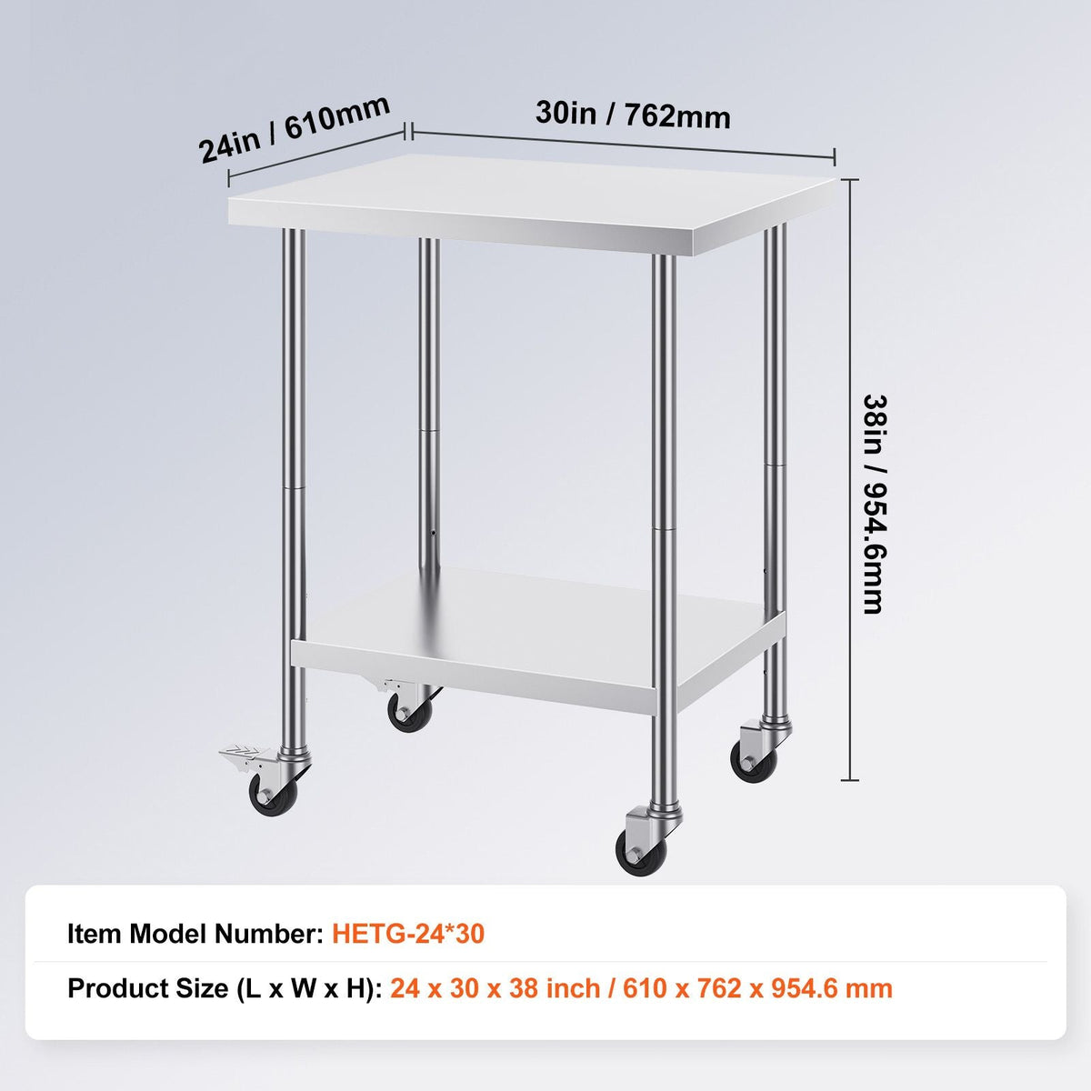 Stainless Steel Work Table 24 x 30 x 38 Inch, with 4 Wheels, 3 Adjustable Height Levels, Heavy Duty Food Prep Worktable for Commercial Kitchen Restaurant, Silver