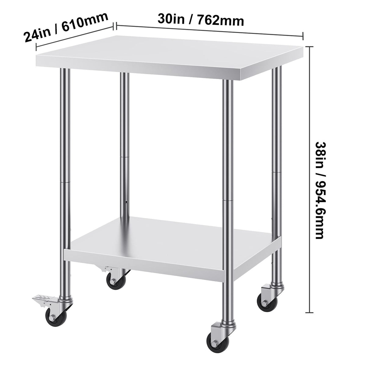 Stainless Steel Work Table 24 x 30 x 38 Inch, with 4 Wheels, 3 Adjustable Height Levels, Heavy Duty Food Prep Worktable for Commercial Kitchen Restaurant, Silver