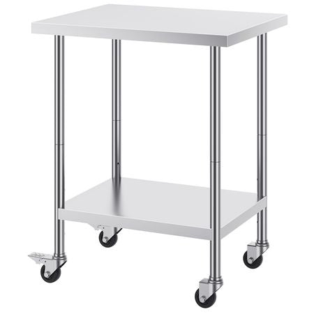 Stainless Steel Work Table 24 x 30 x 38 Inch, with 4 Wheels, 3 Adjustable Height Levels, Heavy Duty Food Prep Worktable for Commercial Kitchen Restaurant, Silver