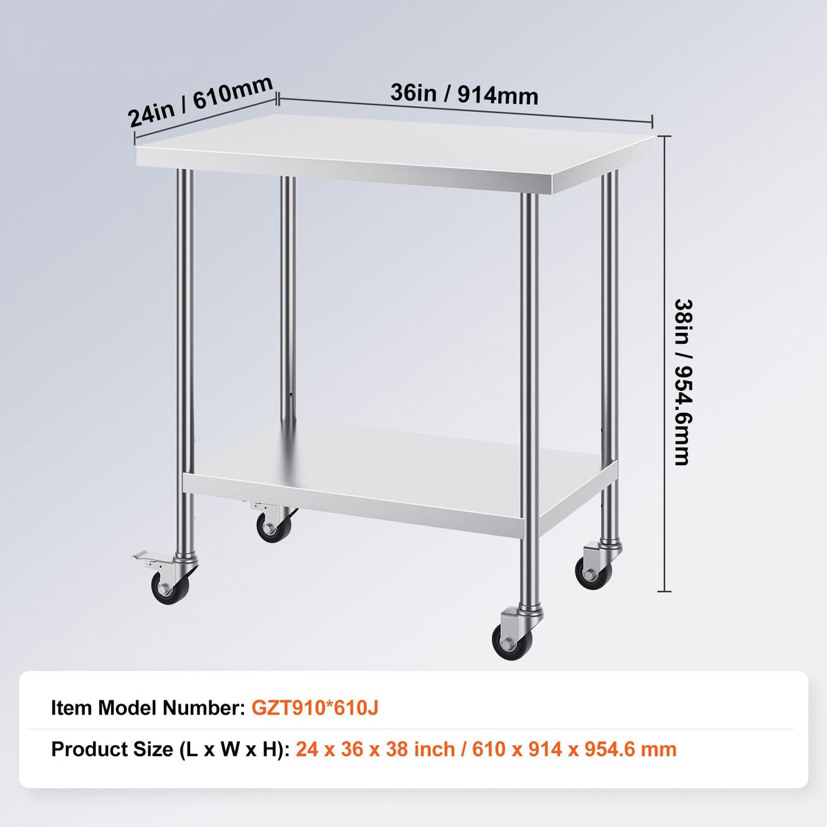 Stainless Steel Work Table 24 x 36 x 38 Inch, with 4 Wheels, 3 Adjustable Height Levels, Heavy Duty Food Prep Worktable for Commercial Kitchen Restaurant, Silver