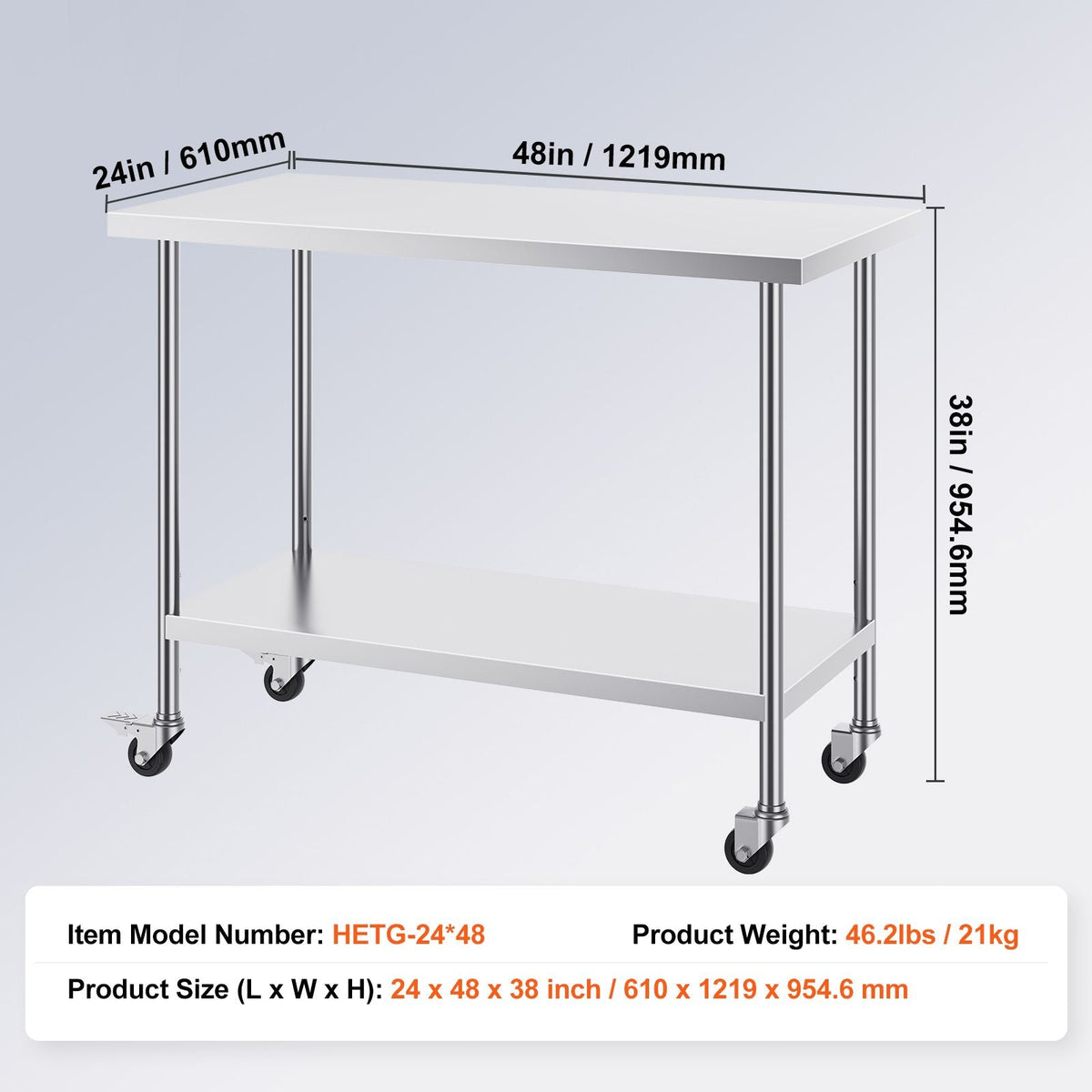 Stainless Steel Work Table 24 x 48 x 38 Inch, with 4 Wheels, 3 Adjustable Height Levels, Heavy Duty Food Prep Worktable for Commercial Kitchen Restaurant, Silver