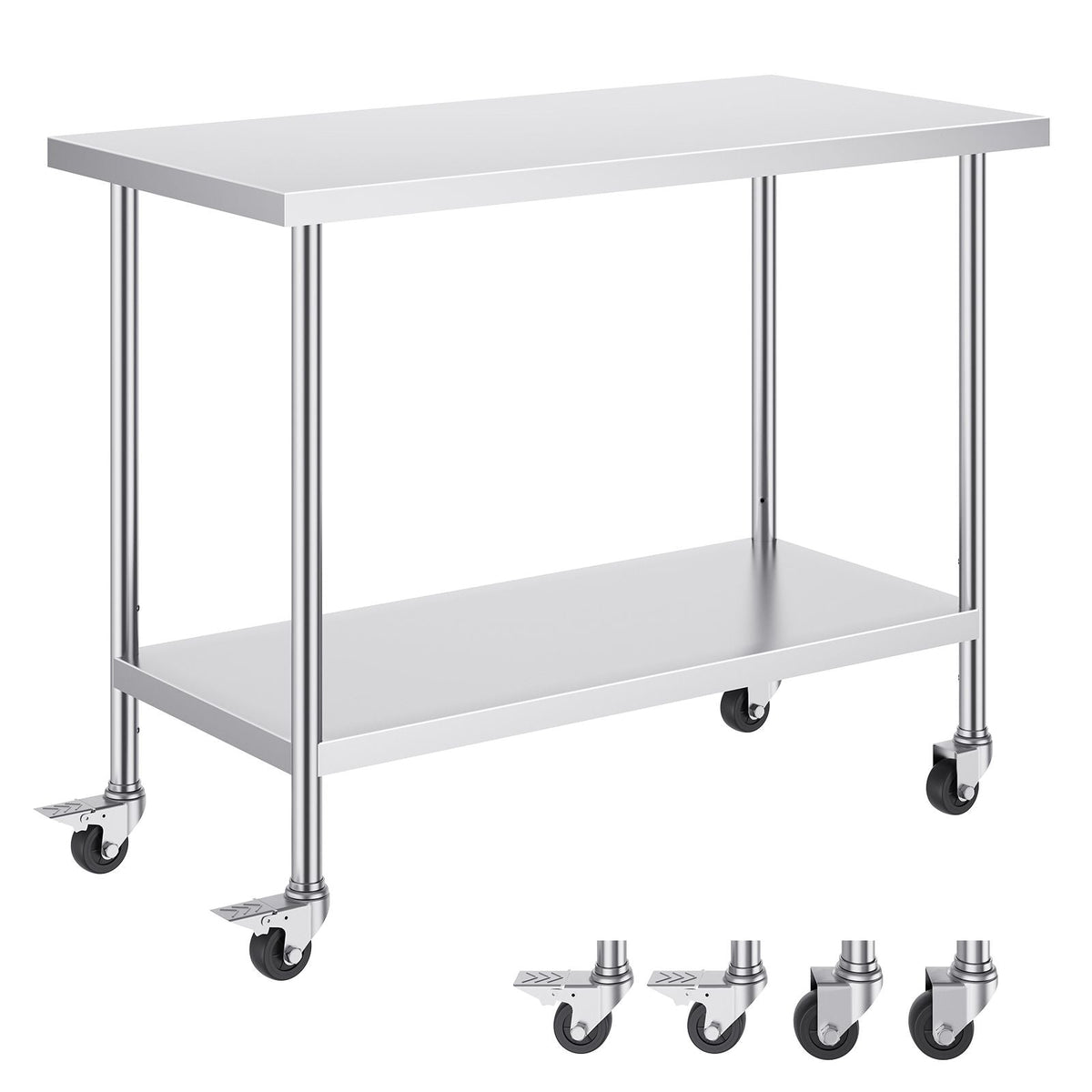 Stainless Steel Work Table 24 x 48 x 38 Inch, with 4 Wheels, 3 Adjustable Height Levels, Heavy Duty Food Prep Worktable for Commercial Kitchen Restaurant, Silver