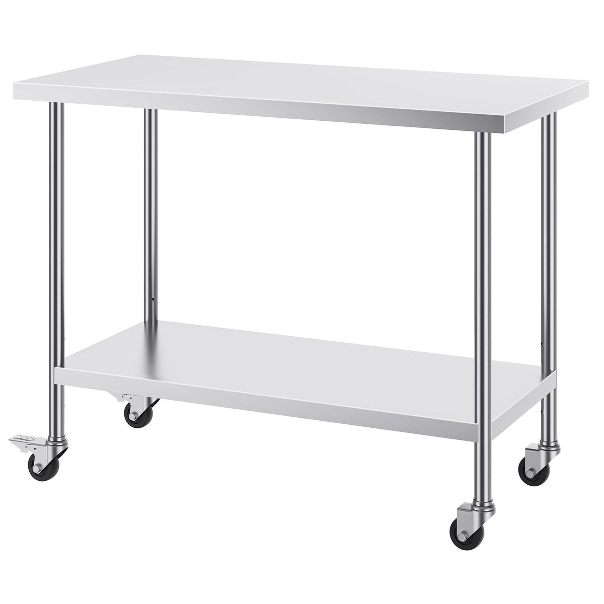Stainless Steel Work Table 24 x 48 x 38 Inch, with 4 Wheels, 3 Adjustable Height Levels, Heavy Duty Food Prep Worktable for Commercial Kitchen Restaurant, Silver
