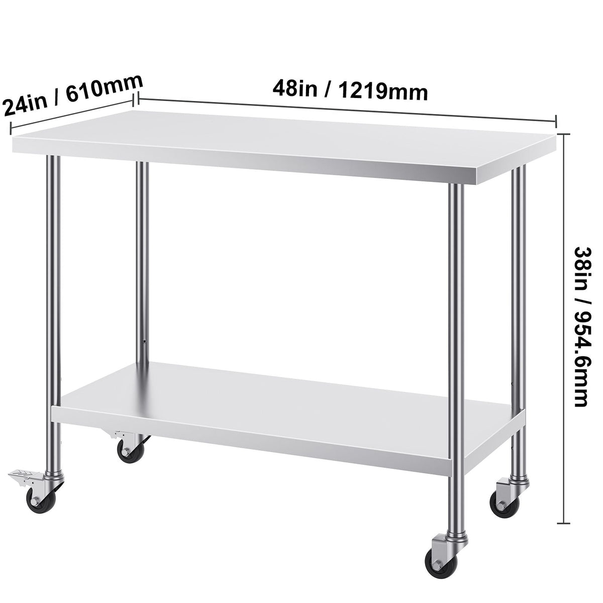 Stainless Steel Work Table 24 x 48 x 38 Inch, with 4 Wheels, 3 Adjustable Height Levels, Heavy Duty Food Prep Worktable for Commercial Kitchen Restaurant, Silver