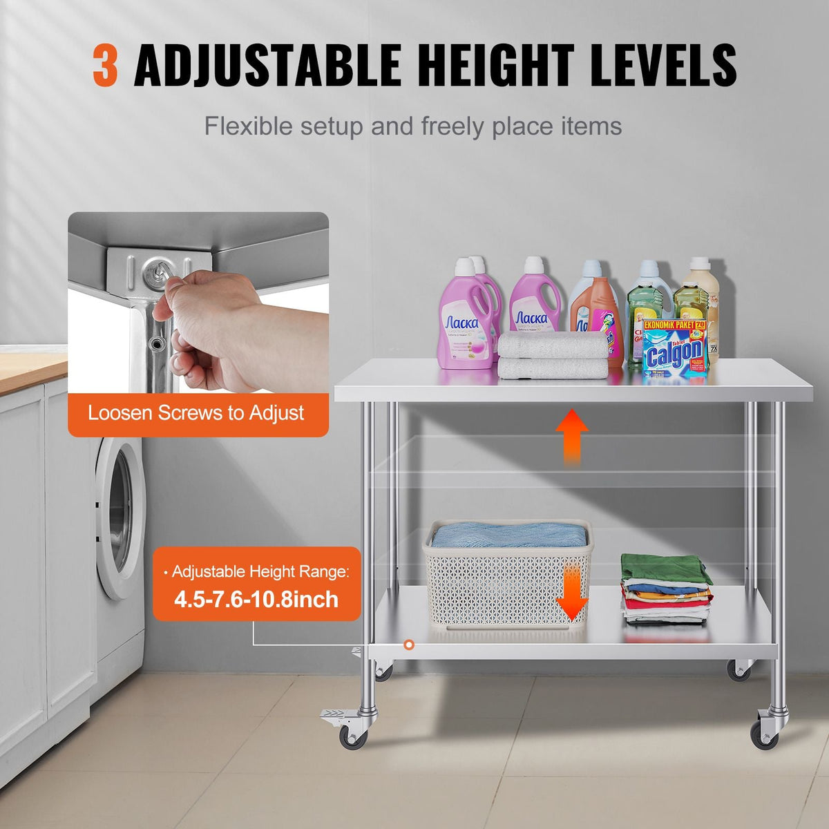 Stainless Steel Work Table 24 x 48 x 38 Inch, with 4 Wheels, 3 Adjustable Height Levels, Heavy Duty Food Prep Worktable for Commercial Kitchen Restaurant, Silver