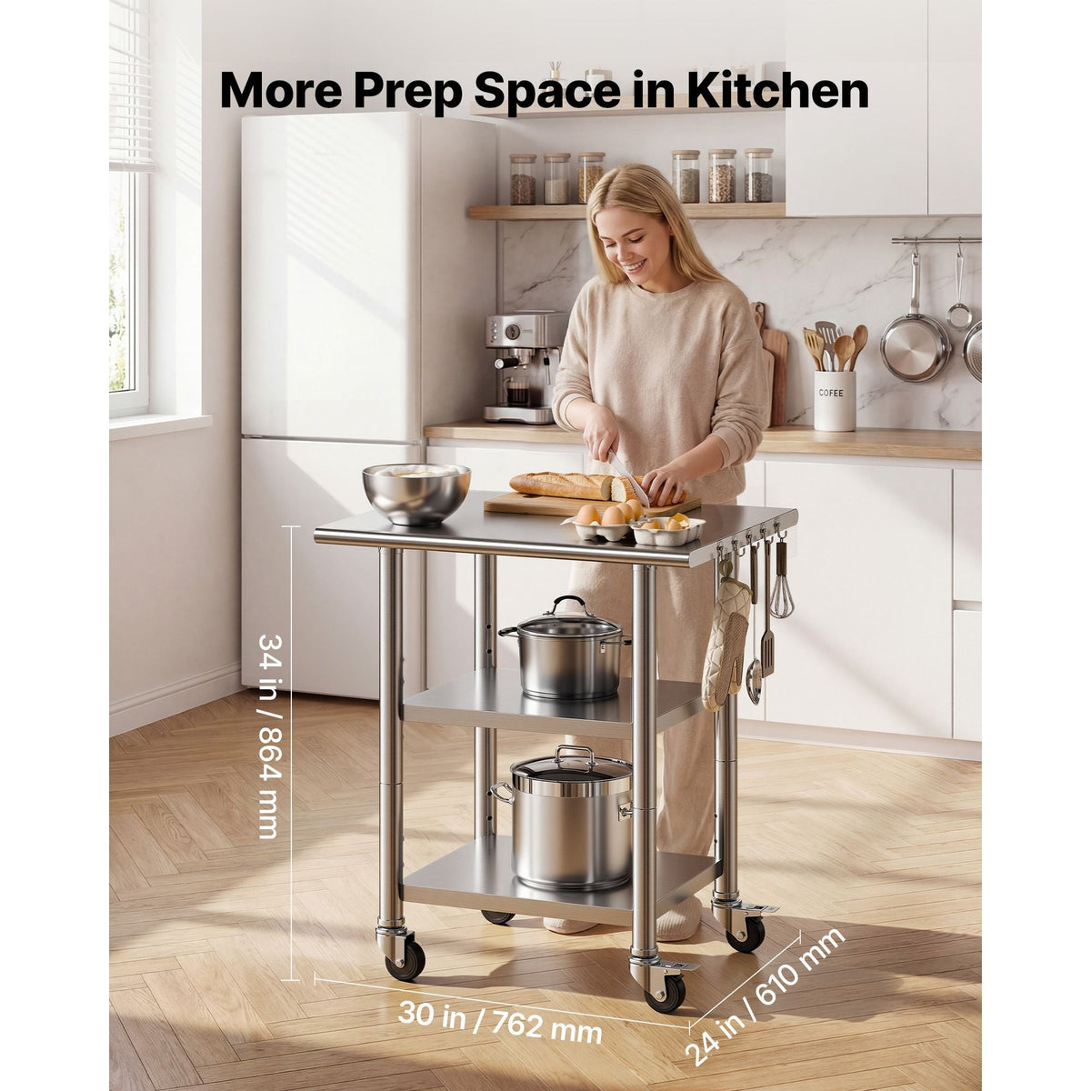 Stainless Steel Work Table, 24x30 Inch Food Prep Table with 2 Shelves and Wheels, Commercial Kitchen Workstation, Metal Heavy Duty Utility Worktable, for Restaurant Home Hotel Garage Outdoor