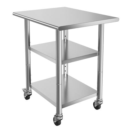 Stainless Steel Work Table, 24x30 Inch Food Prep Table with 2 Shelves and Wheels, Commercial Kitchen Workstation, Metal Heavy Duty Utility Worktable, for Restaurant Home Hotel Garage Outdoor