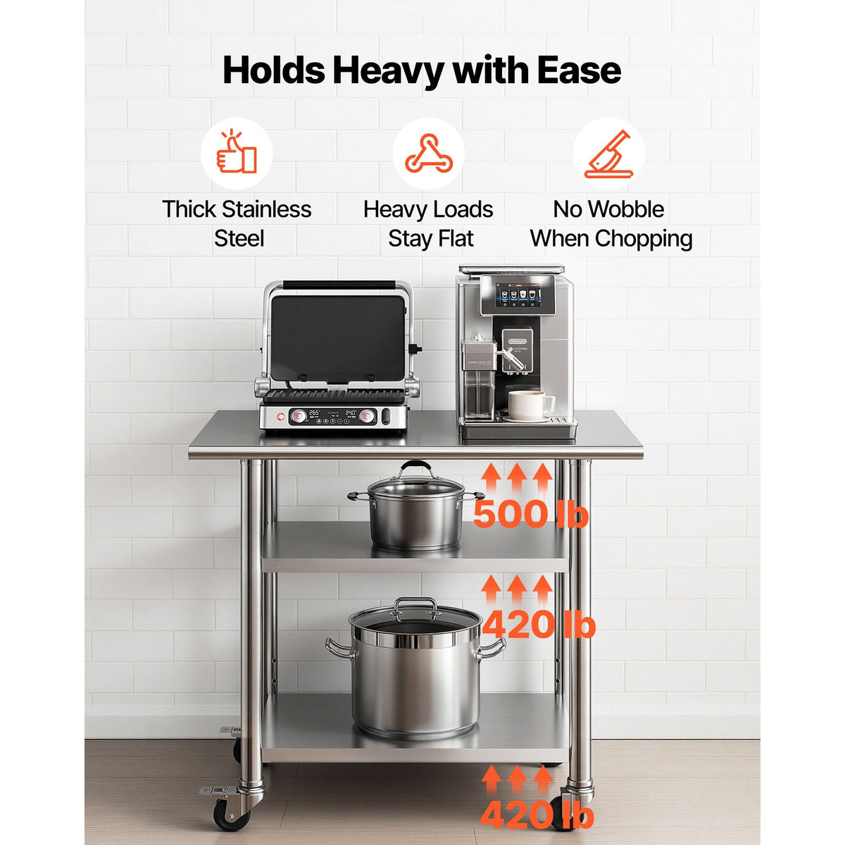 Stainless Steel Work Table, 24x36 Inch Food Prep Table with 2 Shelves and Wheels, Commercial Kitchen Workstation, Metal Heavy Duty Utility Worktable, for Restaurant Home Hotel Garage Outdoor